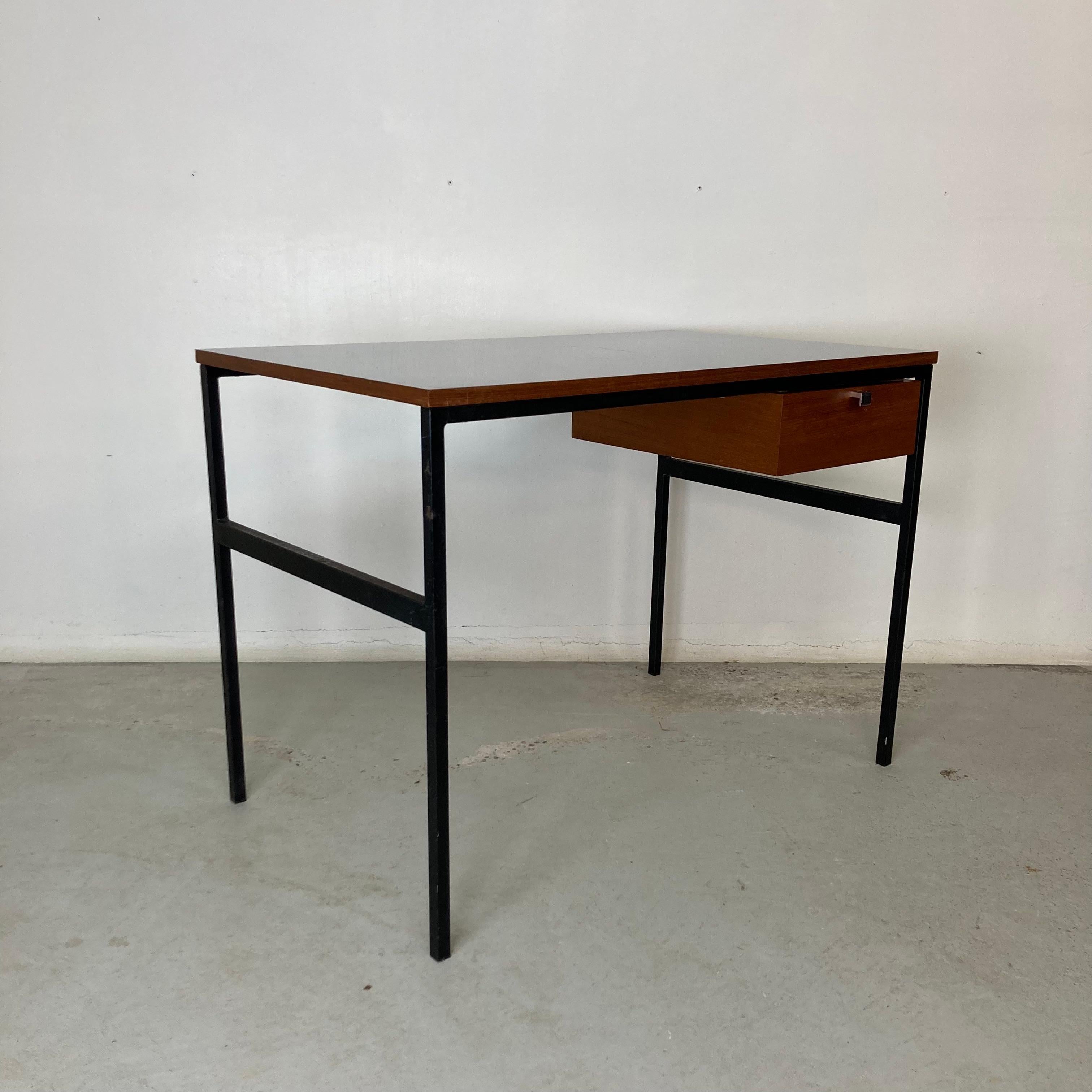 Lacquered Pierre Paulin & Thonet Desk with Drawer, Metal Teak & Formica, France Circa 1955 For Sale