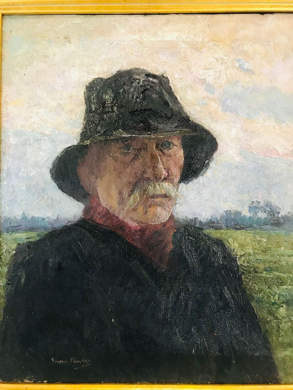 Belgian Pierre Paulus Portrait of Man in Hat Oil on Canvas For Sale