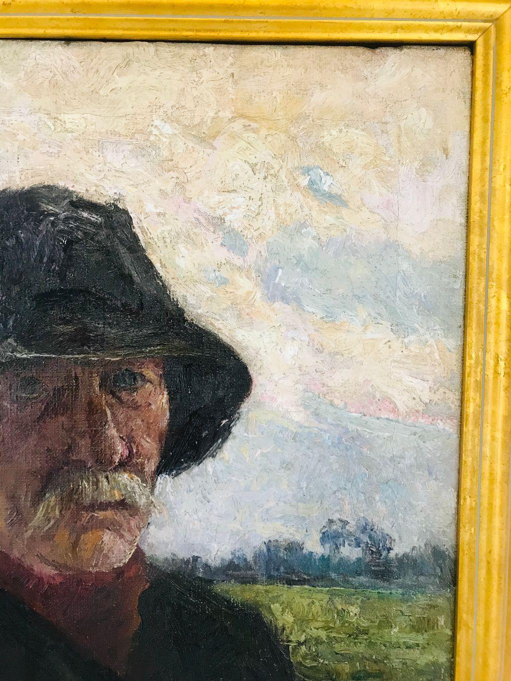 Pierre Paulus Portrait of Man in Hat Oil on Canvas In Good Condition For Sale In Plymouth, MA