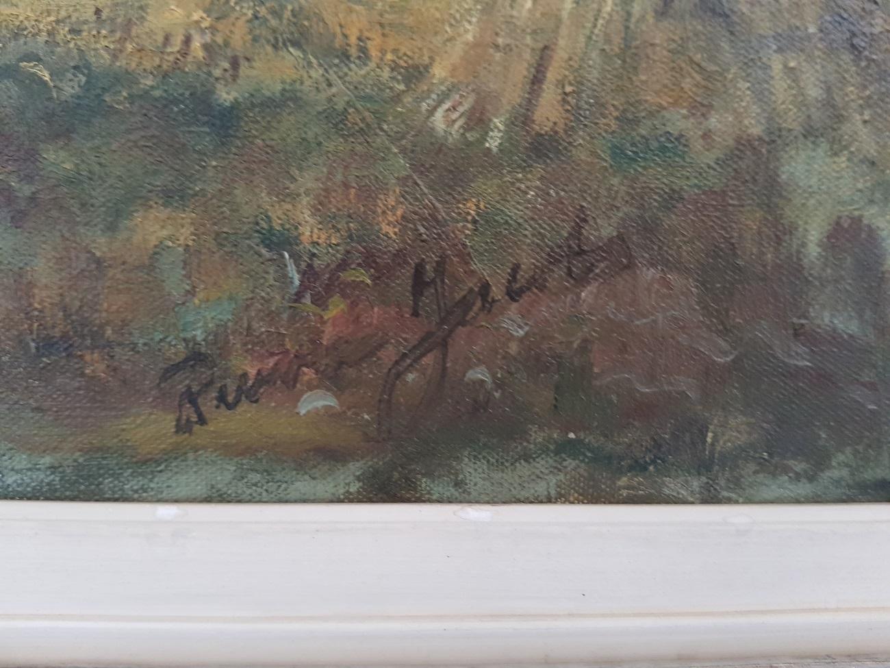 Painting signed by Pierre (Peter Henricus) Jacobs 1916-1963 signed lower right and on the back side a mark on the frame, representing a farmers sand road a long sheaves of weed, the painting has some crackling and the frame some spots of missing