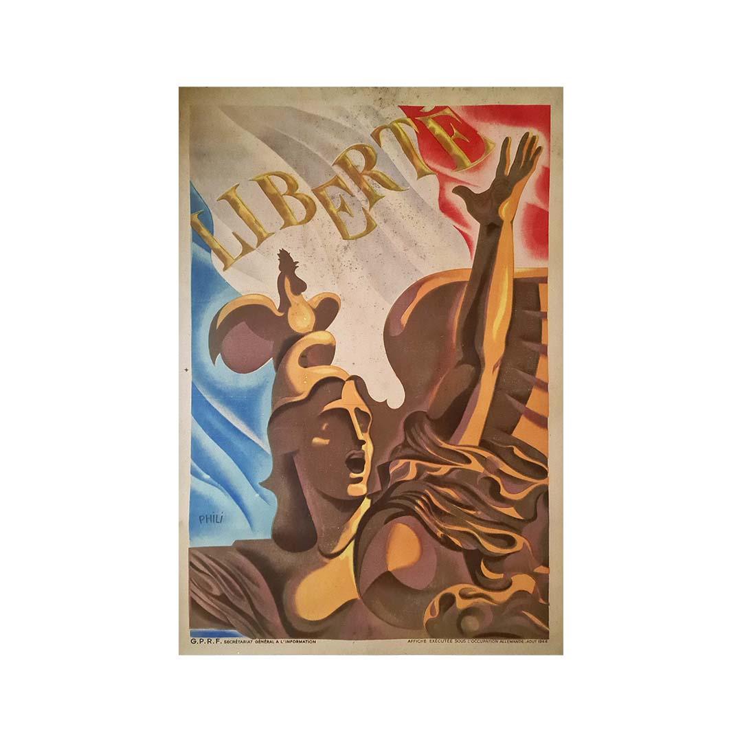 Belle affiche de la seconde guerre mondiale exécutée sous l'occupation allemande par l'A.F.R.P.
Est représentée une œuvre sculptée de François Rude (1784-1855) à l'Arc de Triomphe de Paris ainsi que le drapeau français.
Pierre Philippe Amédée Grach,