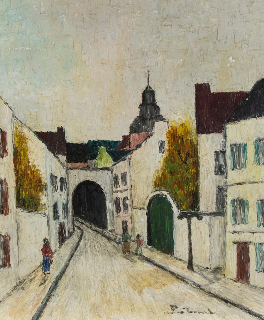 A very fine French impressionist street scene by the artist Pierre Philippe Bertrand (1884-1975), depicting figures in a white town, in the artist's distinct style. Bold line and form characterises the architectural setting with an emphasis of