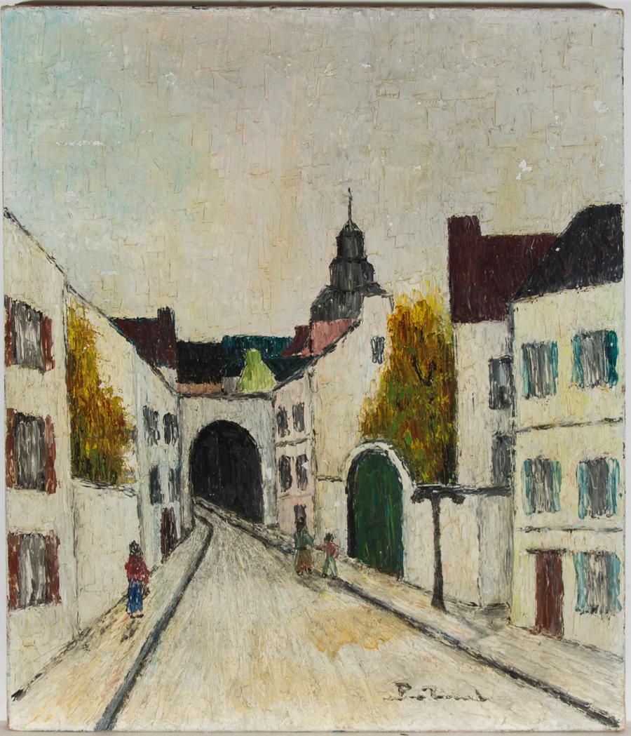 A very fine French impressionist street scene by the artist Pierre Philippe Bertrand (1884-1975), depicting figures in a white town, in the artist's distinct style. Bold line and form characterises the architectural setting with an emphasis of