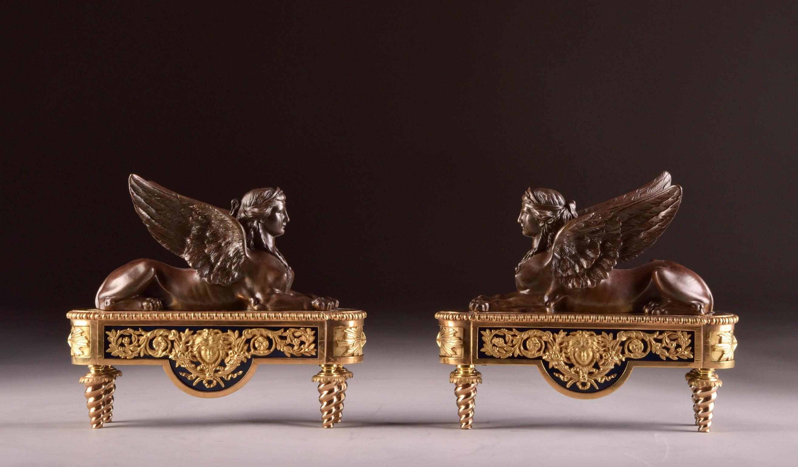 Pierre-Philippe Thomire pair of chenets, decorated with Sphinx
By Pierre-Philippe Thomire rare TEFAF quality pair of andirons / chenetss, from Empire period ( early 19th century). This set is decorated with Sphinx with beautiful patina, and blauw