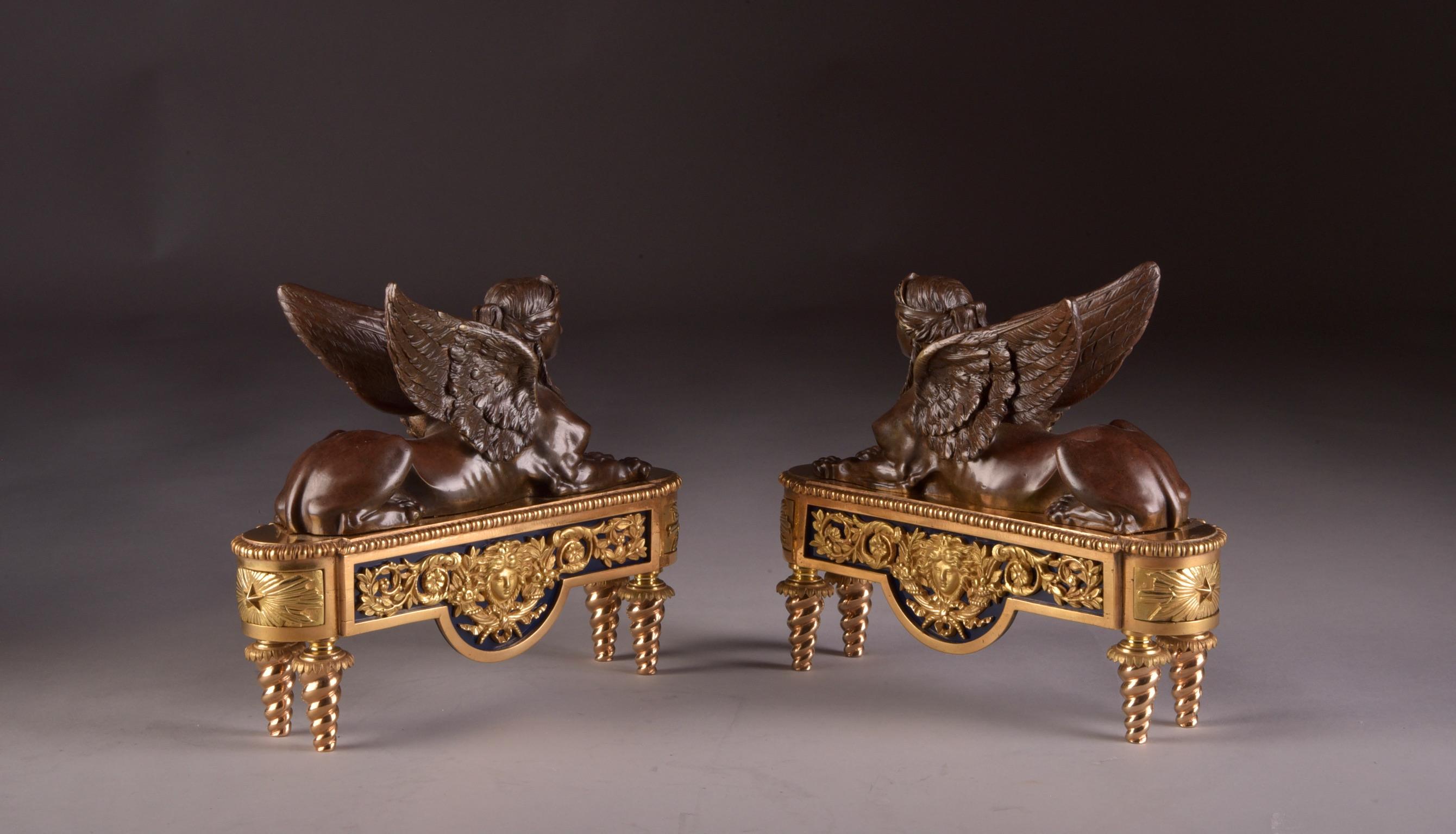 Bronze Pierre-Philippe Thomire Pair of Chenets, Decorated with Sphinx