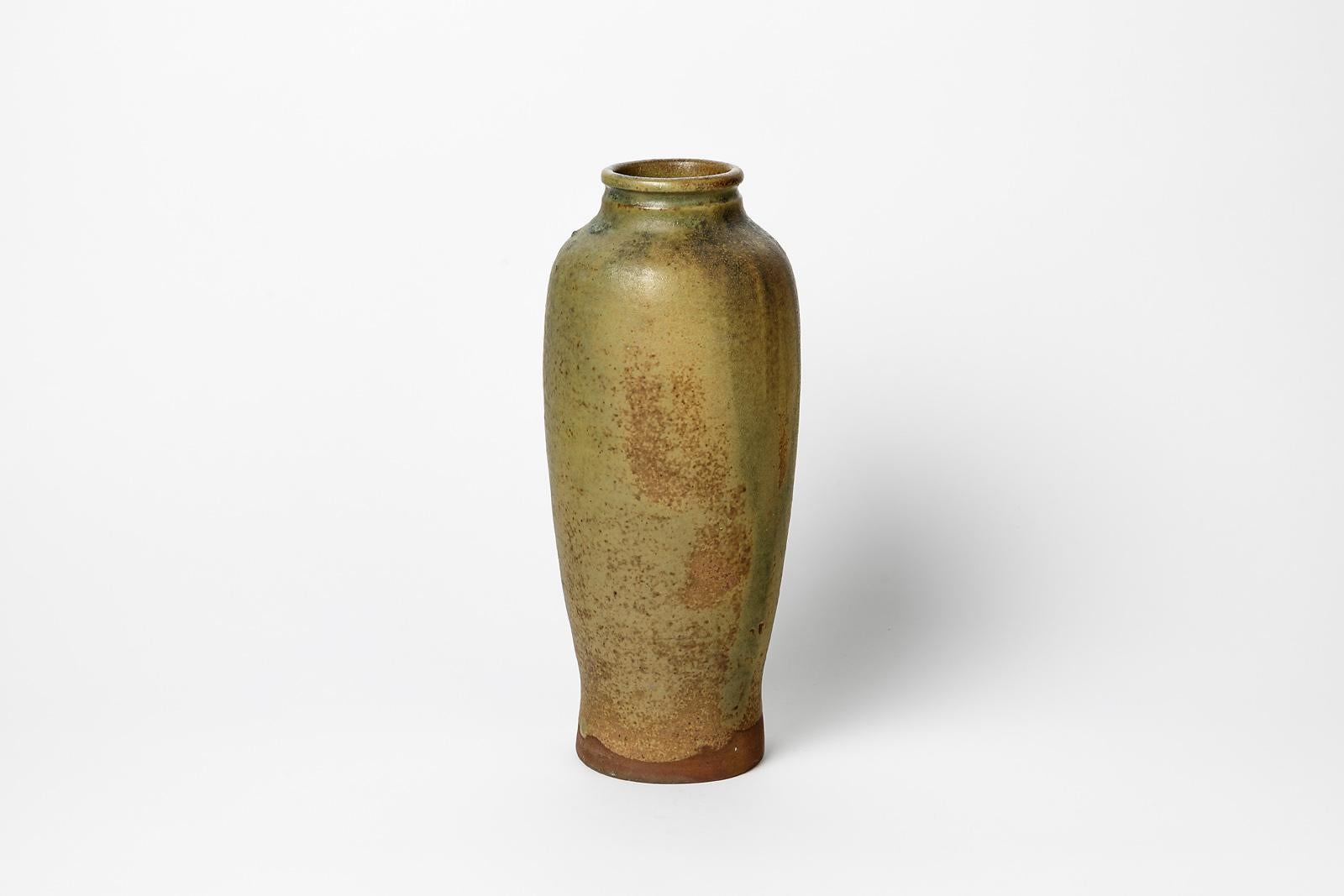 Mid-Century Modern Pierre Pigaglio Brown and Green Stoneware Ceramic Vase circa 1950 For Sale