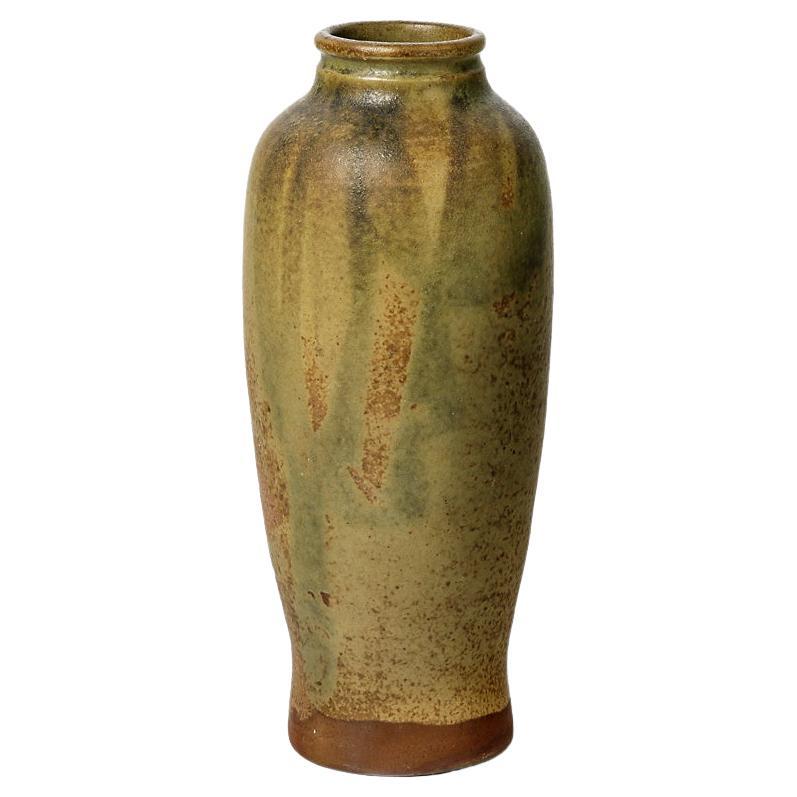 Pierre Pigaglio Brown and Green Stoneware Ceramic Vase circa 1950 For Sale