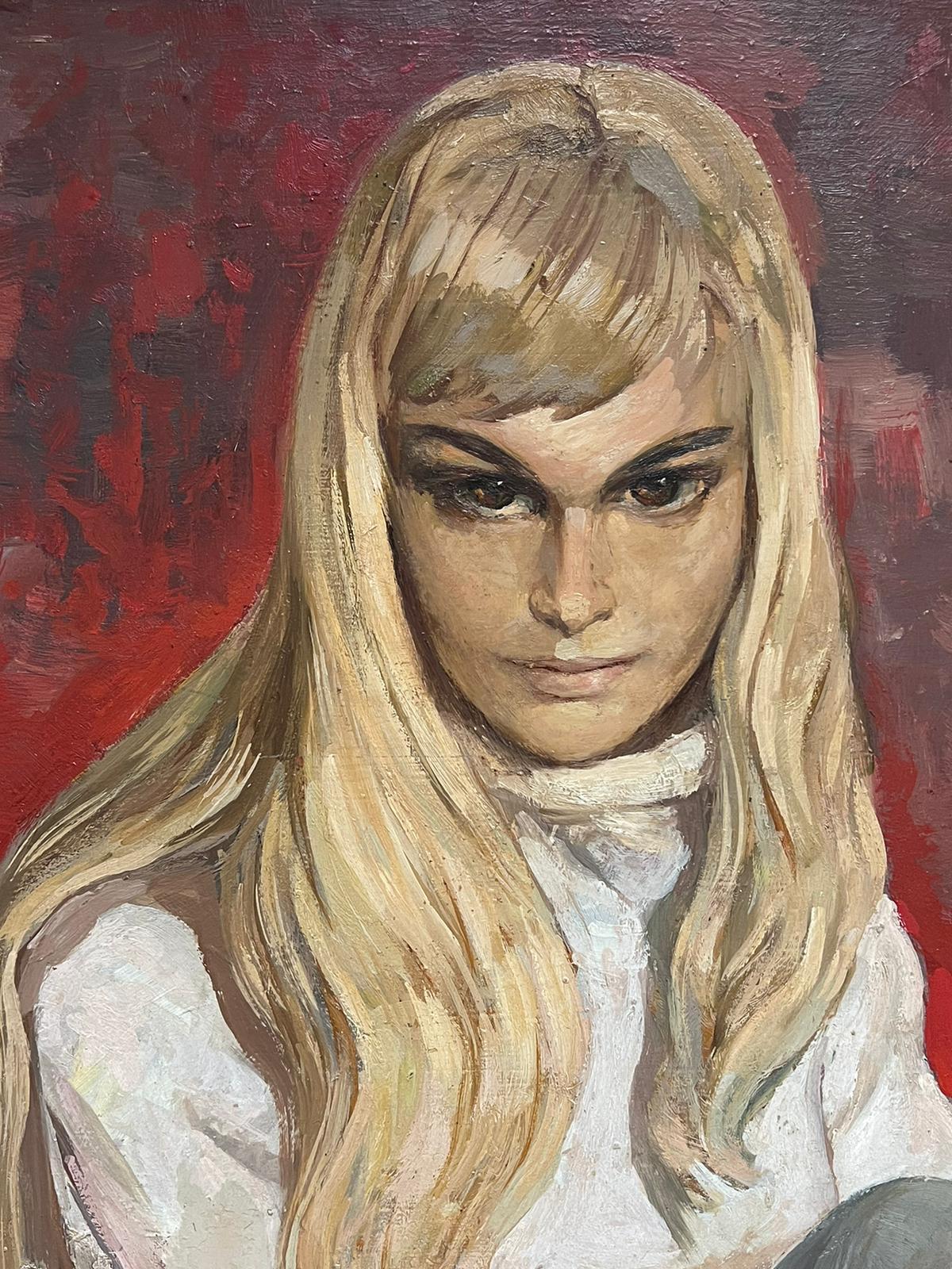 Artist/ School: Pierre PIGET (1907-1990), French. Signed lower left, dates to the 1960's period. 

Title: Portrait of a young blonde lady

Medium:    oil painting on board, framed in a cream roll neck sweater against a red background. So evocative