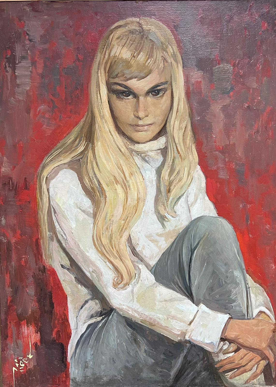 Grand portrait français de jeune femme blonde des années 1960, superbe cadre, signé