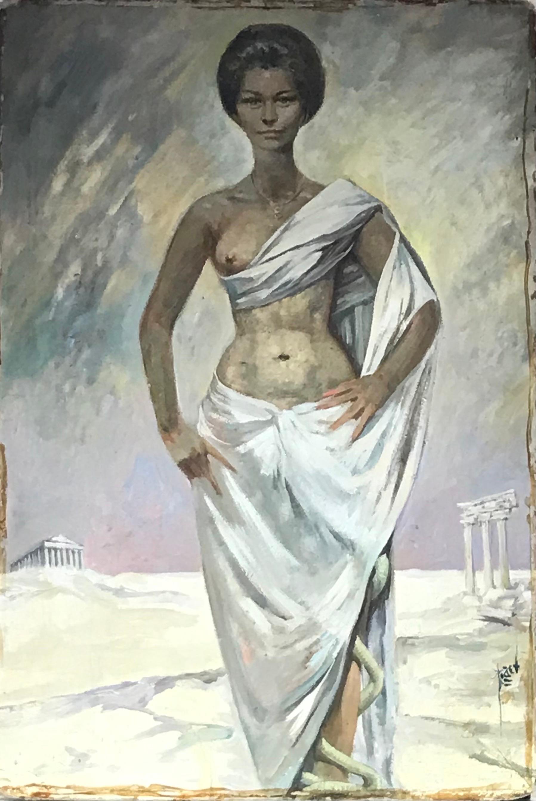 Großes französisches Ölporträt aus den 1960er Jahren mit römischem/griechischem Halbakt, Dame in klassischen Ruinen – Painting von Pierre PIGET (1907-1990)