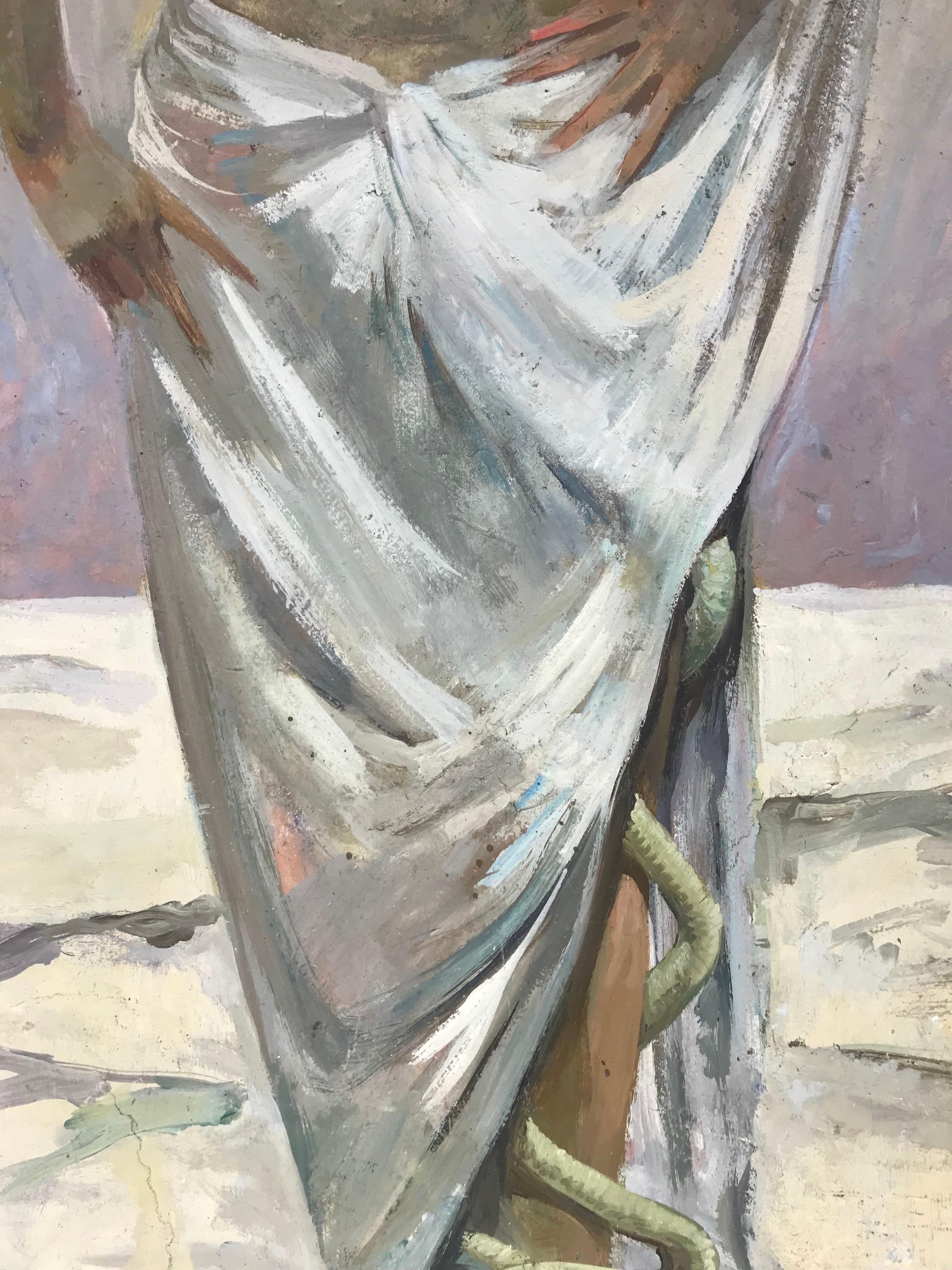 Großes französisches Ölporträt aus den 1960er Jahren mit römischem/griechischem Halbakt, Dame in klassischen Ruinen (Grau), Nude Painting, von Pierre PIGET (1907-1990)