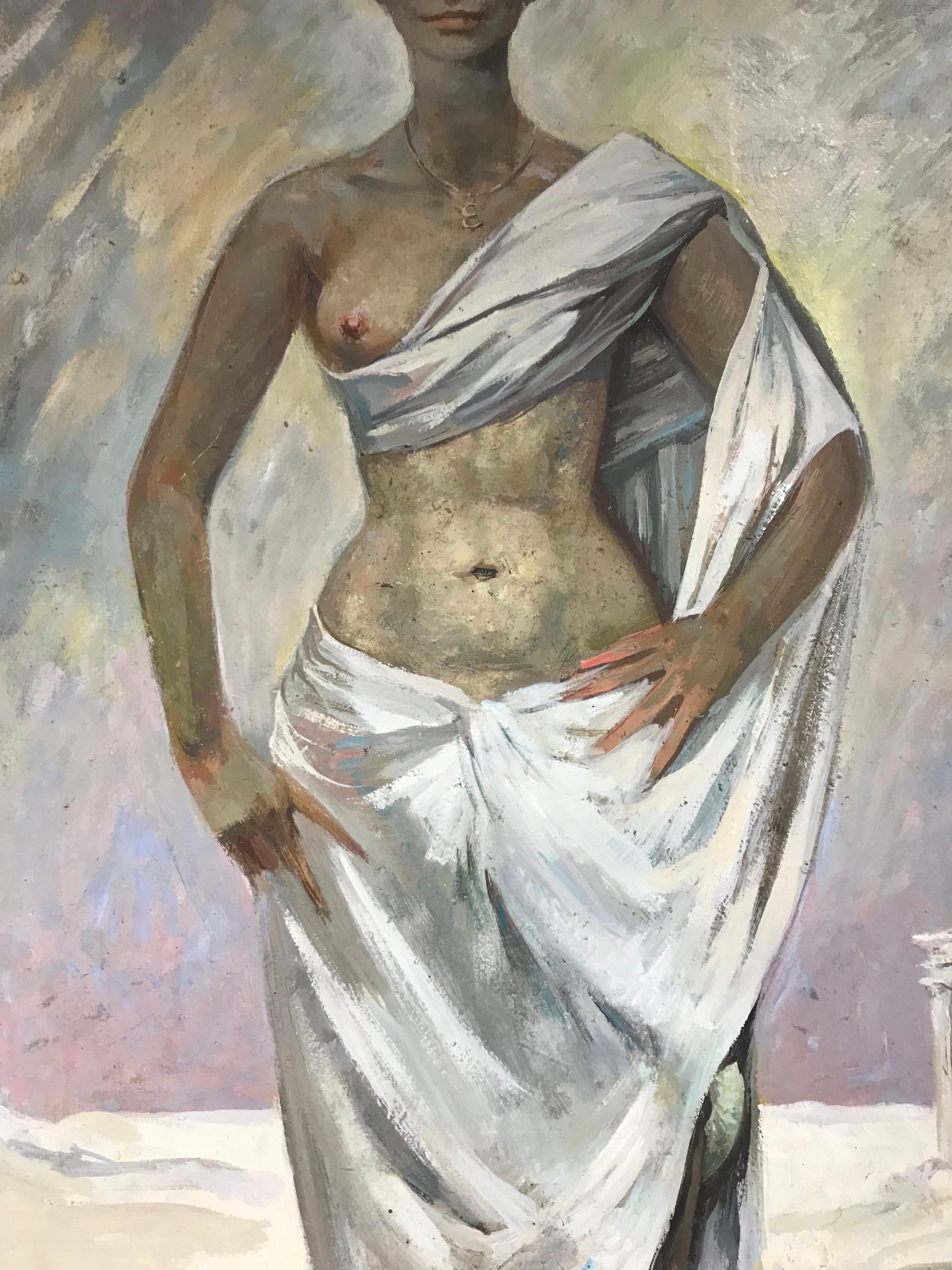 Huge 1960's French Oil Portrait of Roman/ Greek Semi Nude Lady Classical Ruins - Gray Nude Painting by Pierre PIGET (1907-1990)