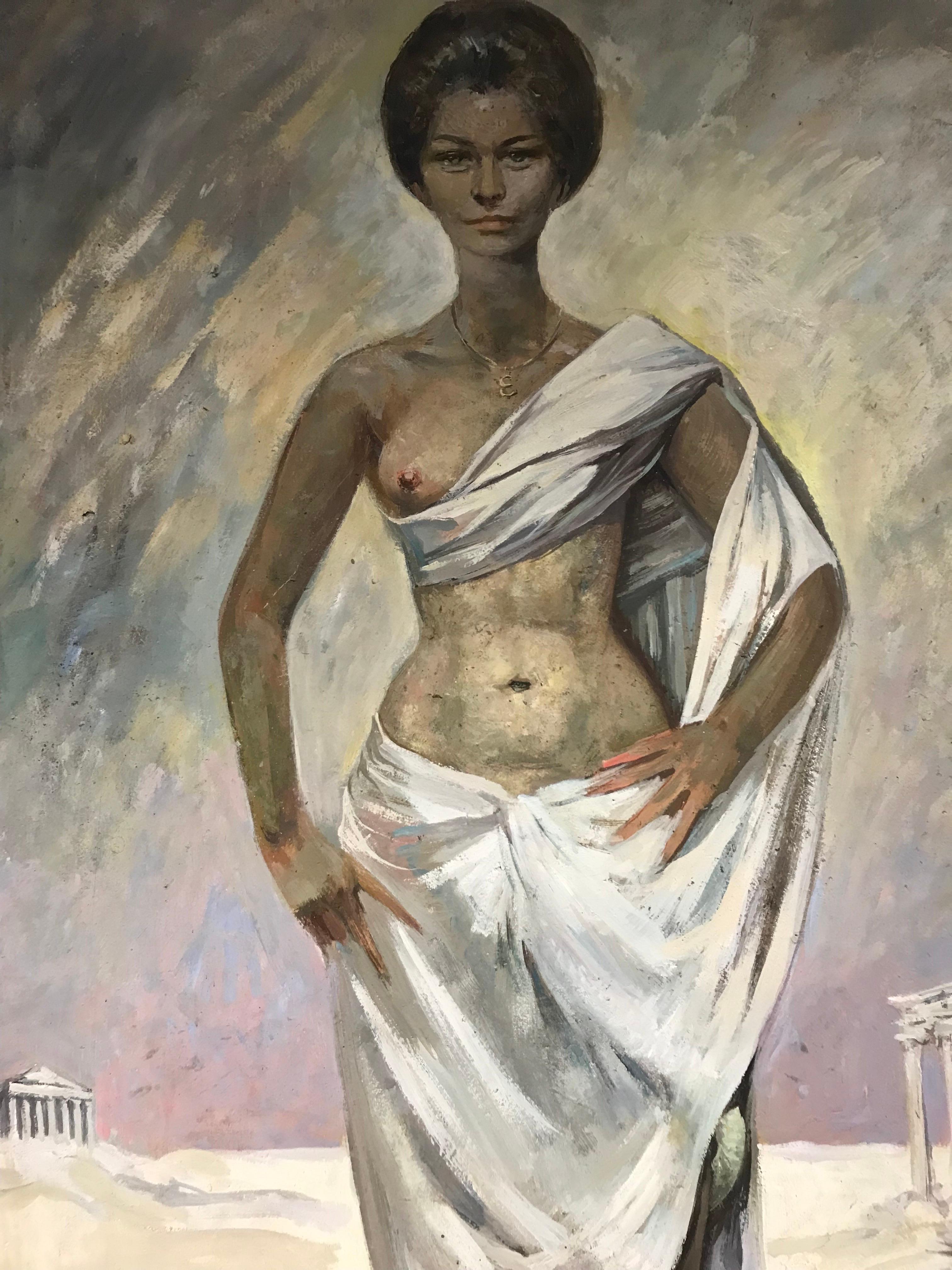 Artist/ School: Pierre PIGET (1907-1990), signed

Title: 1960's portrait of a semi-nude lady standing in a Greek/ Roman setting amongst ancient ruins. Stunning image - a real 'power statement' piece on the wall. 

Medium:  oil painting on board,