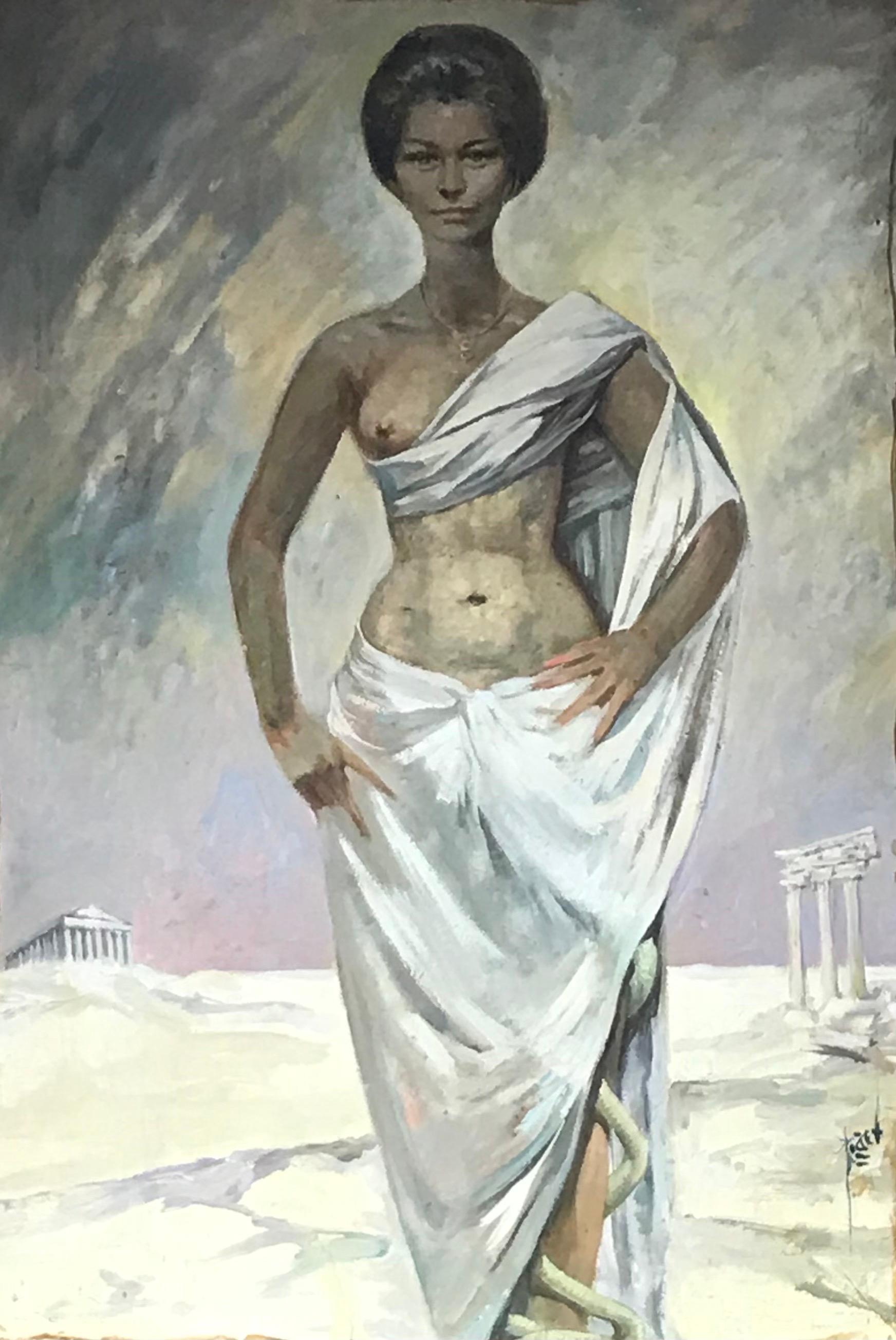 Großes französisches Ölporträt aus den 1960er Jahren mit römischem/griechischem Halbakt, Dame in klassischen Ruinen