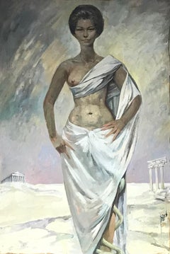 Grand portrait à l'huile français des années 1960 d'une femme semi-nue romaine/grec des ruines classiques
