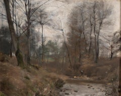 Fisherman by the Riverbank, Atmospheric Woodland Landscape