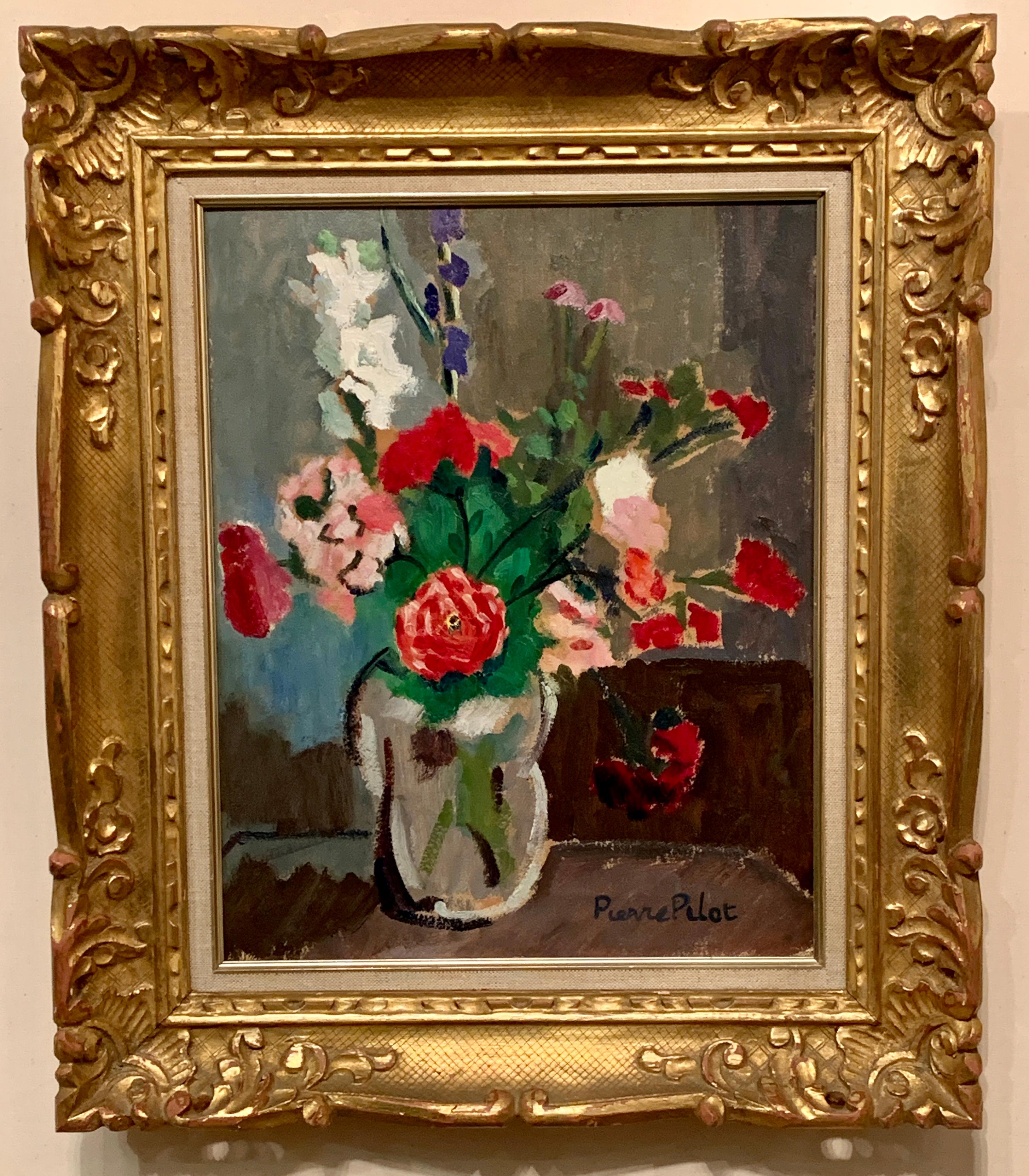 Pierre Pilot Interior Painting - Mid Century French Impressionist still live of flowers in a vase