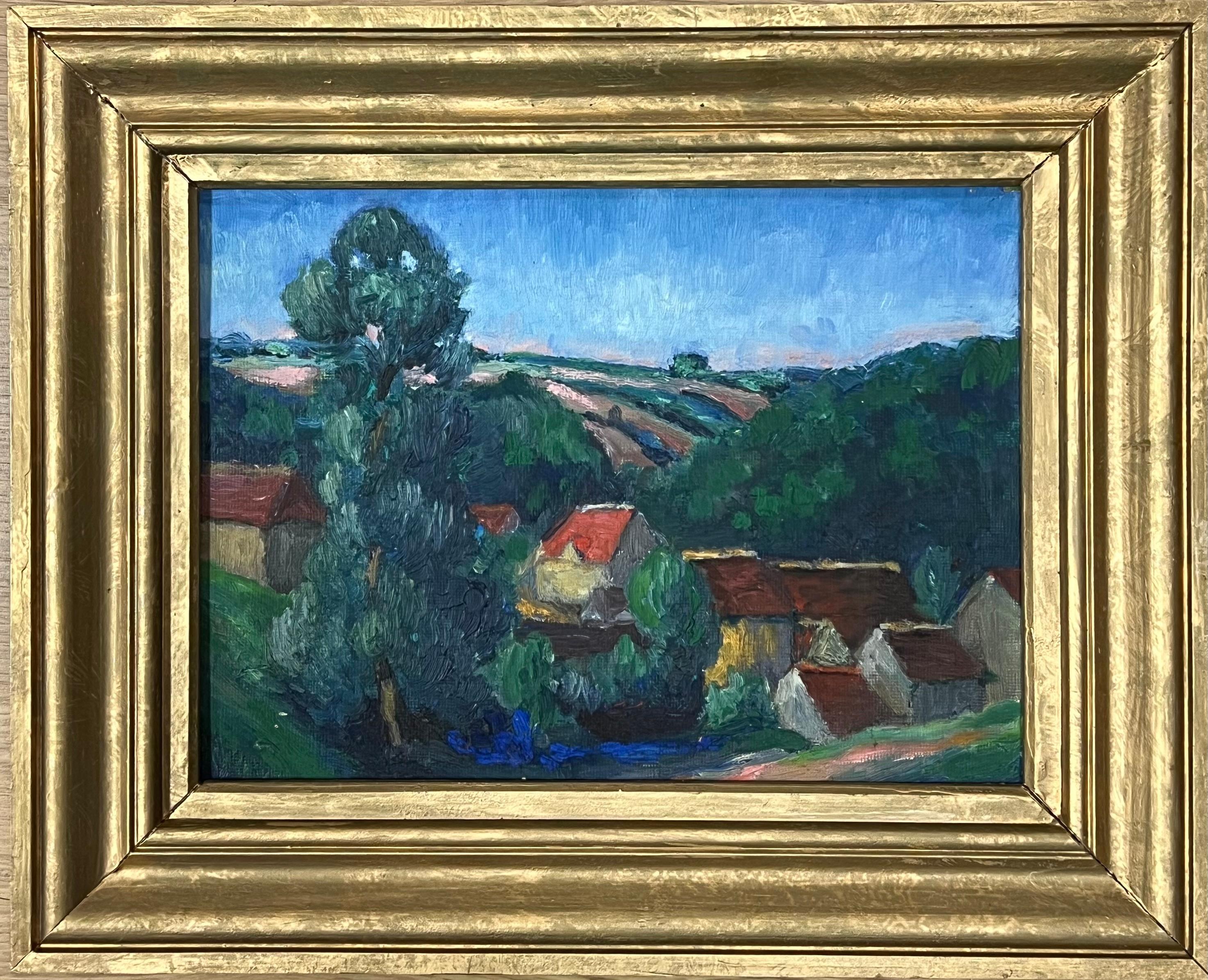 Fine Mid 20th Century French Post-Impressionist Oil Red Roof Village Houses