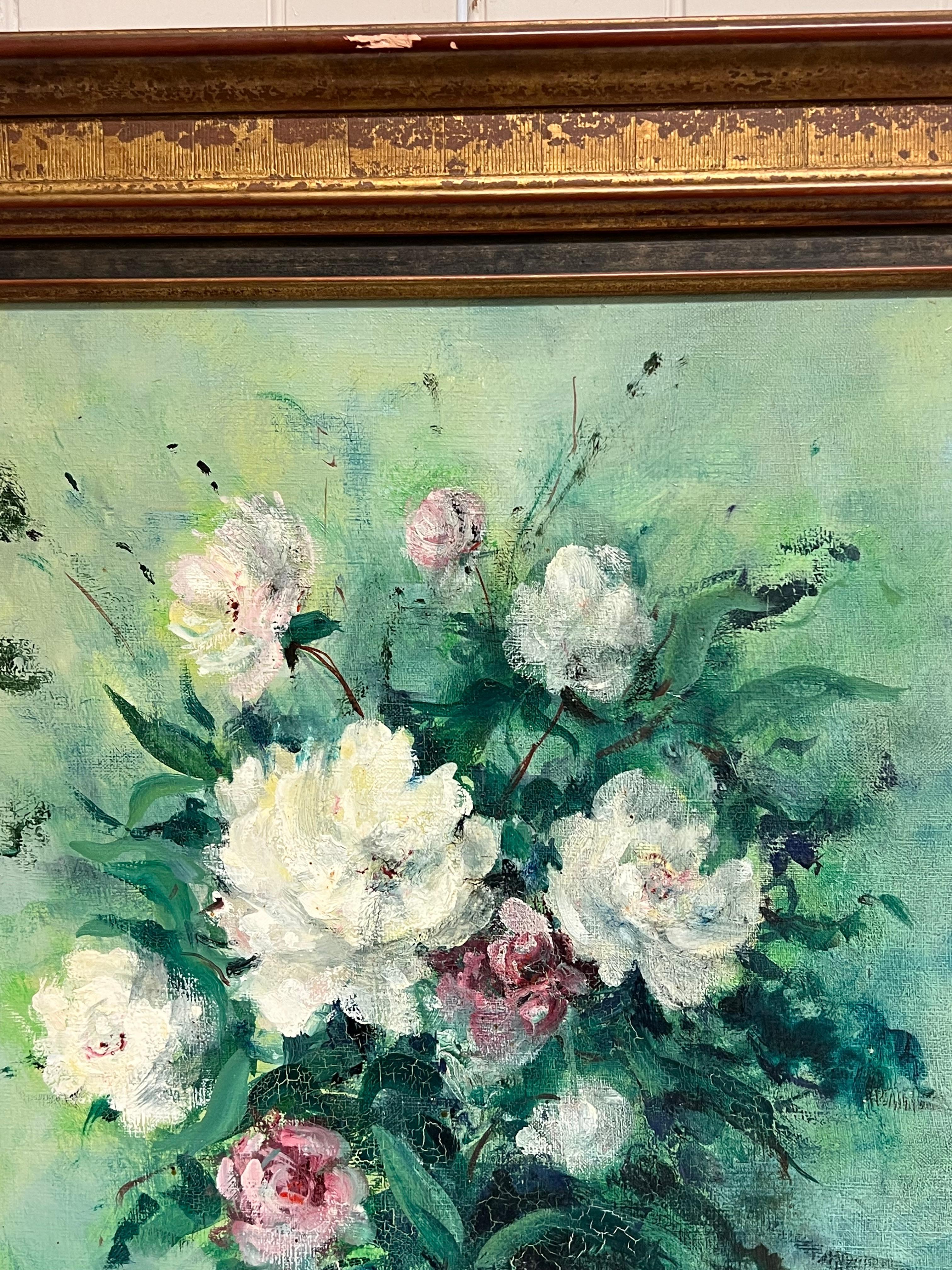 Large 20th Century French Impressionist Oil Still Life Flowers For Sale 5