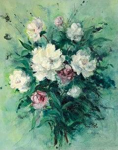 Grande olio impressionista del XX secolo con natura morta di fiori