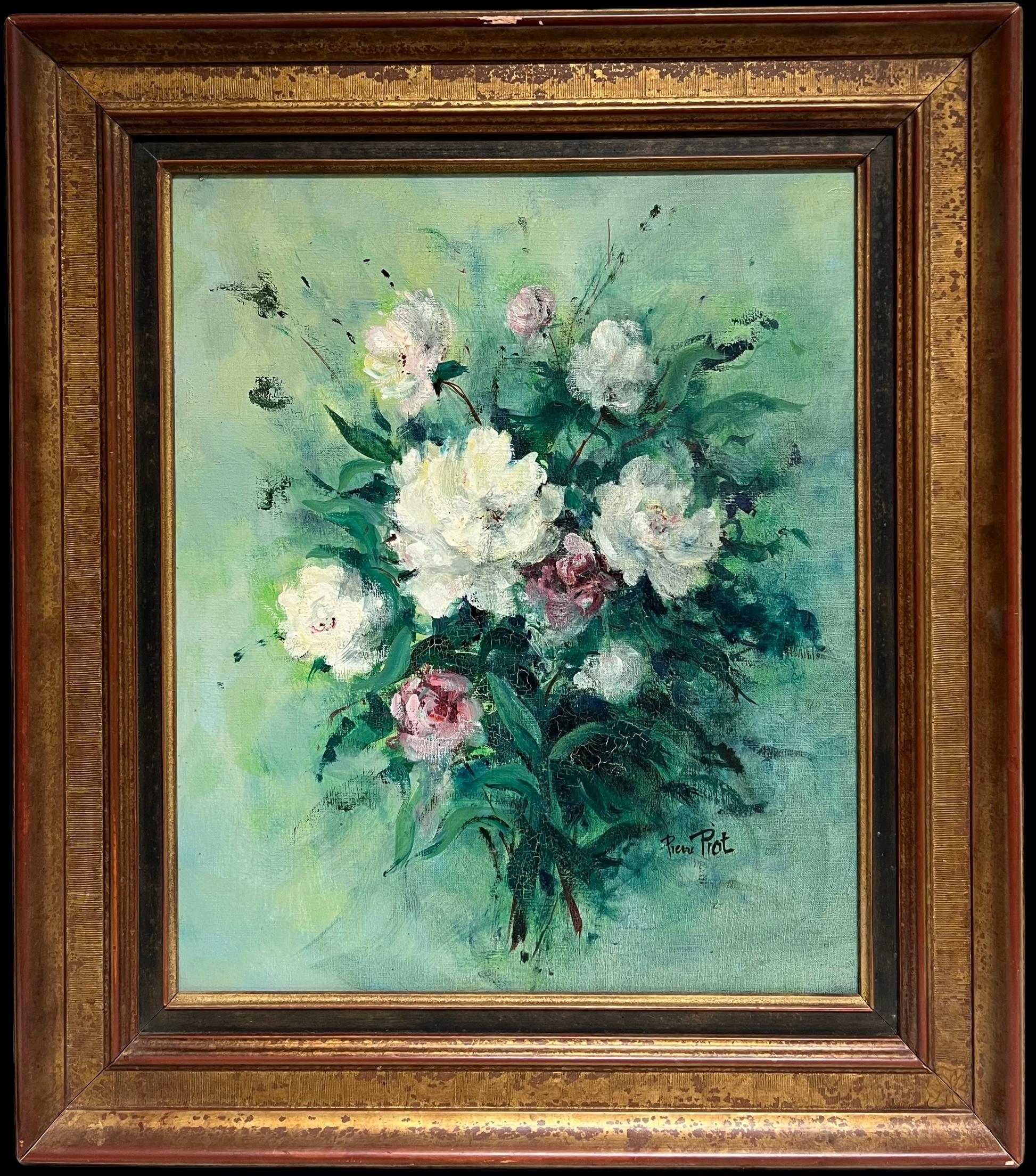 Gran óleo impresionista francés del siglo XX Bodegón de flores