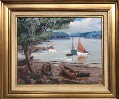 Boats on the River, Impressionist Landscape, Original Vintage Oil on Wood