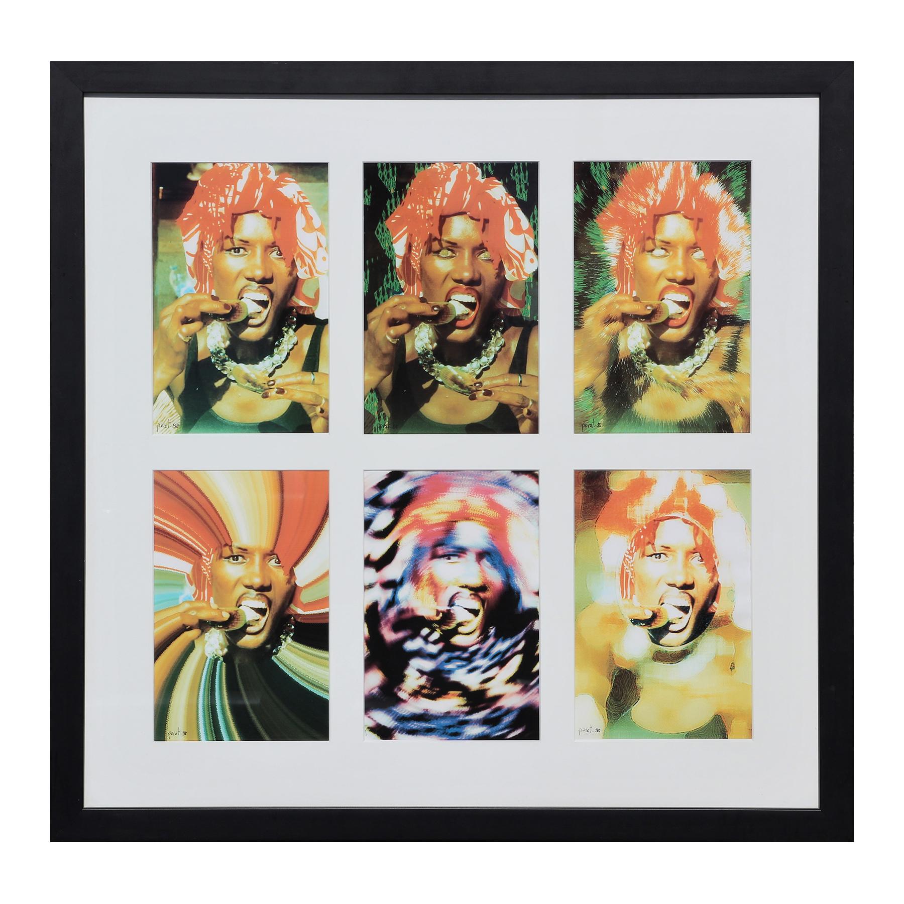 “Grace Jones 2” Six Green and Orange Photographs Portraits on a Grid - Print by Pierre Poretti