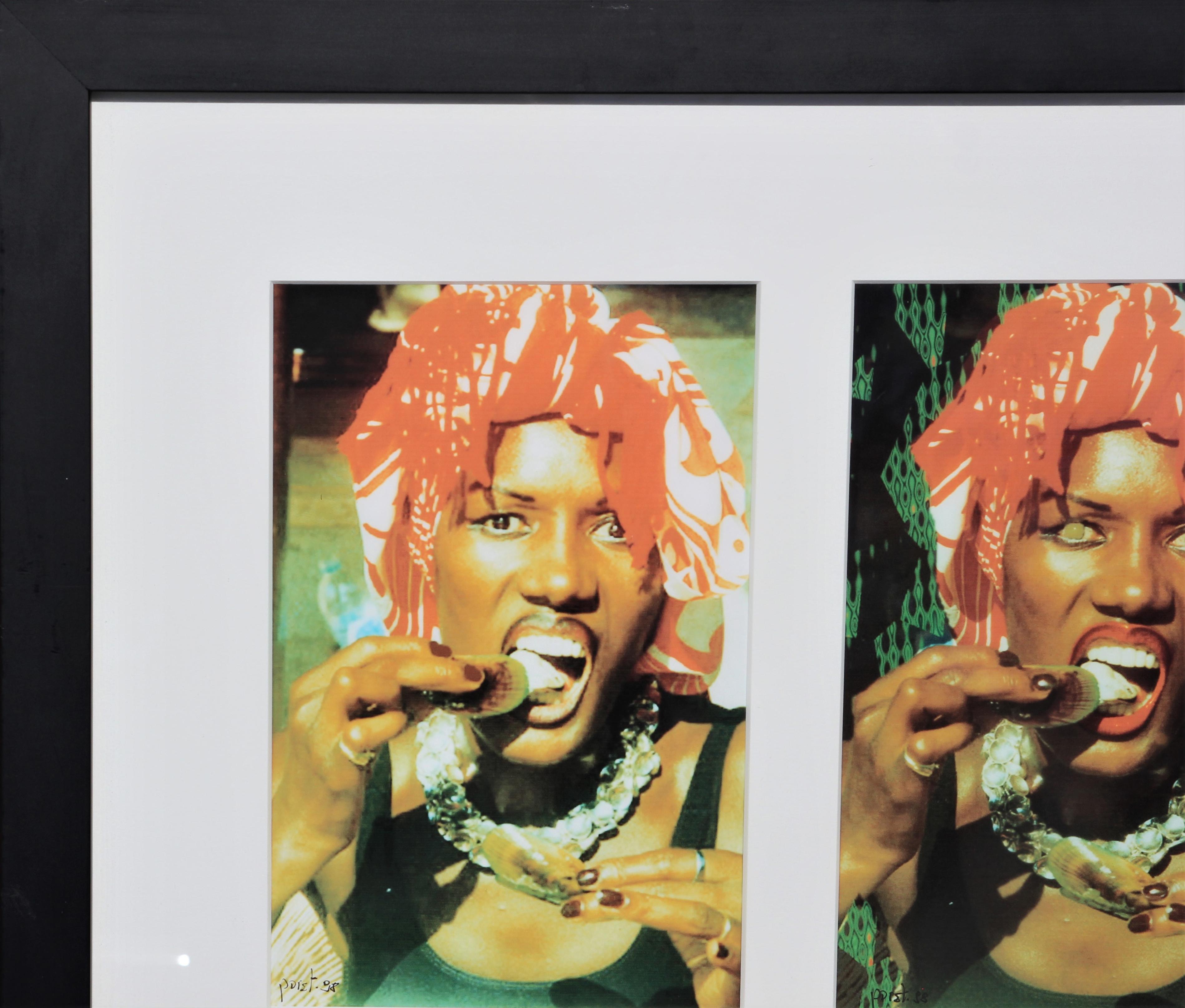 “Grace Jones 2” Six Green and Orange Photographs Portraits on a Grid - Abstract Print by Pierre Poretti