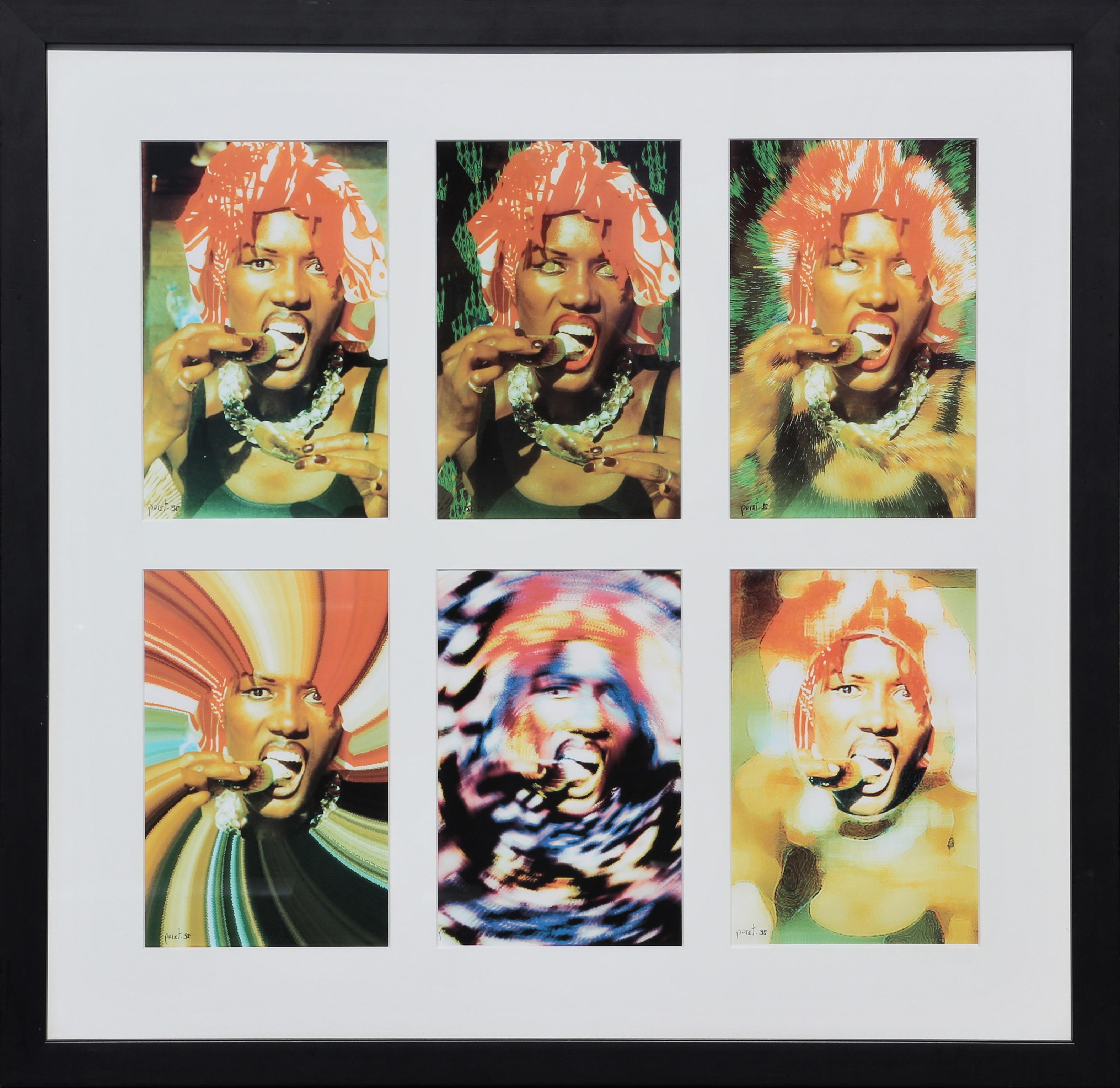 Pierre Poretti Figurative Print - “Grace Jones 2” Six Green and Orange Photographs Portraits on a Grid