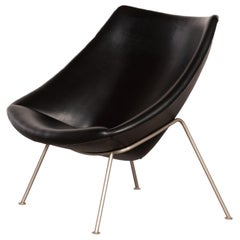 Vintage Pierre Poulin Little Oyster Lounge Chair in Black Skai Leather for Artifort 1965