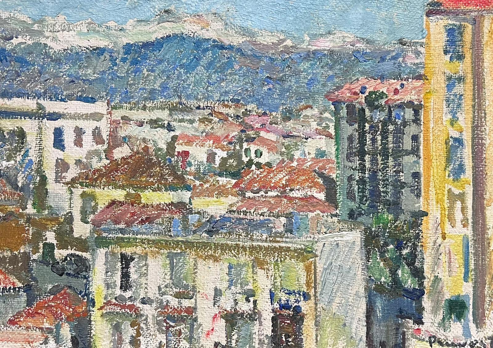 Olio firmato da un post impressionista francese degli anni '50 con vista sui tetti di Antibes - Painting di Pierre Pruvost