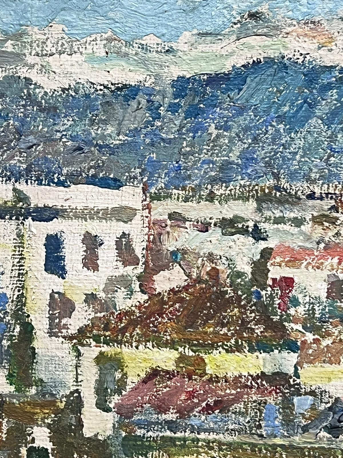 Olio firmato da un post impressionista francese degli anni '50 con vista sui tetti di Antibes - Painting Postimpressionismo di Pierre Pruvost