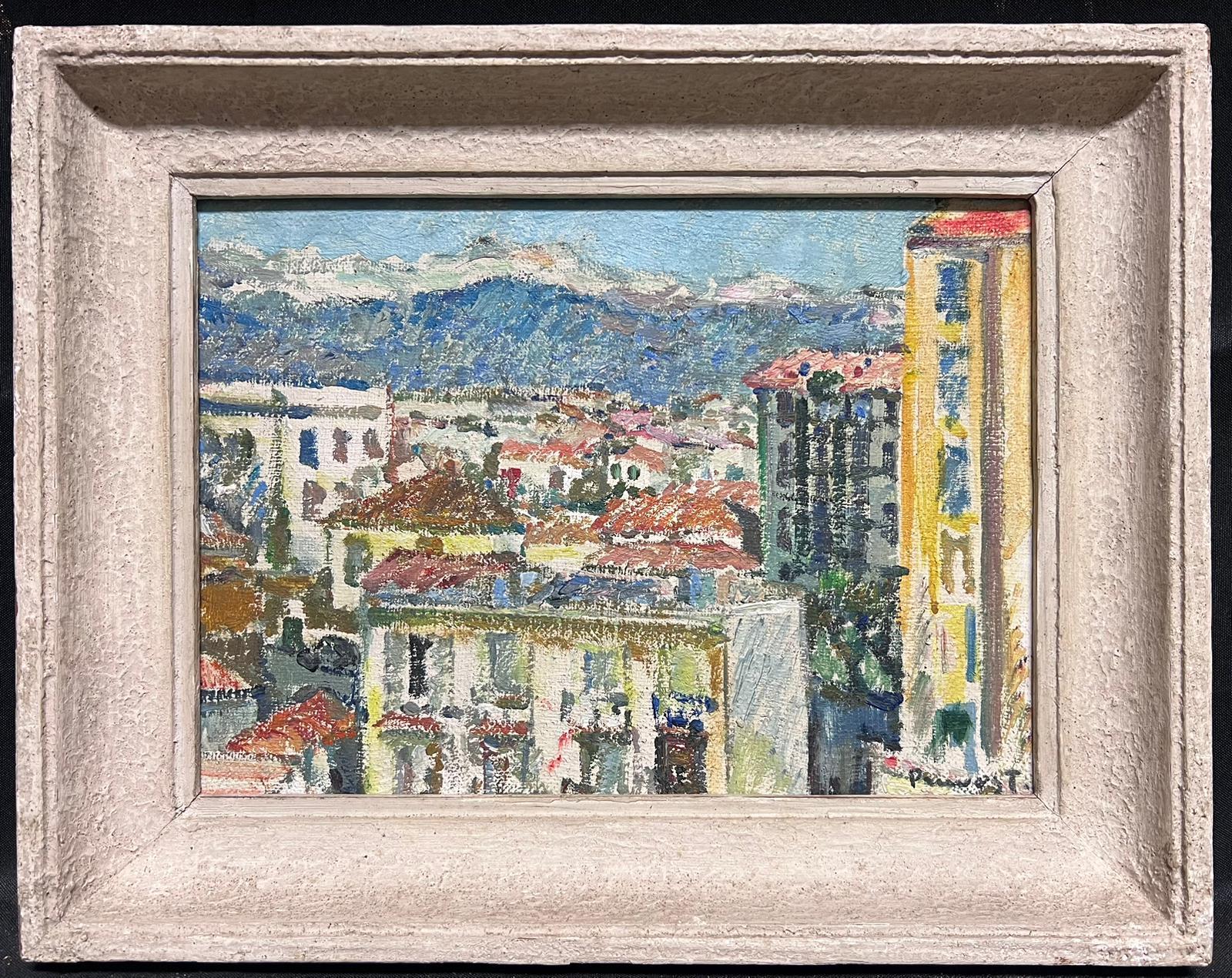 Pierre Pruvost Landscape Painting - 1950's French Post Impressionist Signed Oil View over Antibes Rooftops