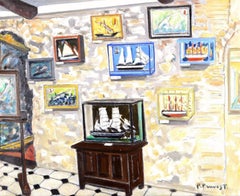 Antibes - Grande diorama con modellini di navi francesi in stile Mid-Century, dipinto marittimo