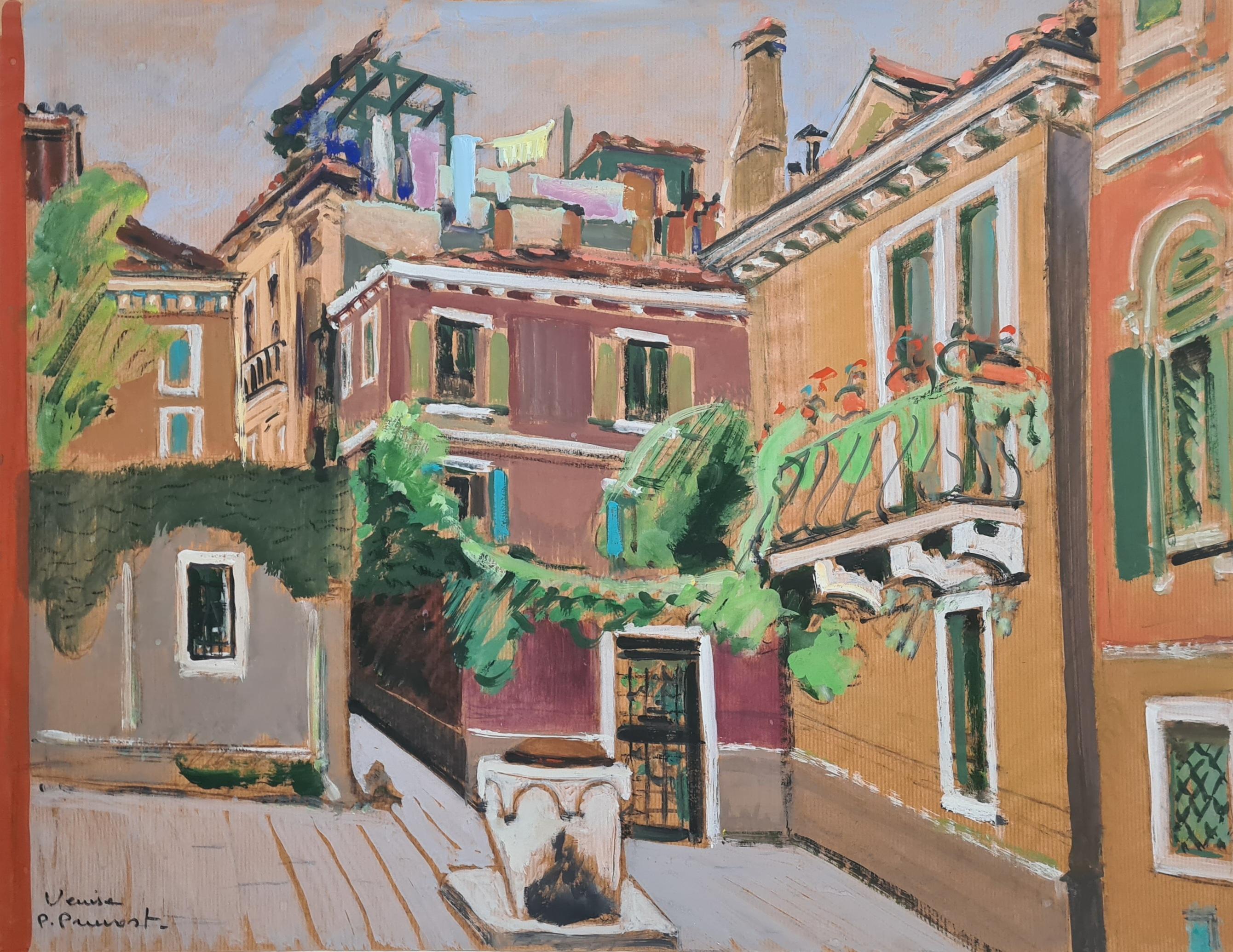 Landscape Painting di Pierre Pruvost - Venice, Large Mid 20th Century Gouache on Paper, The Piazza