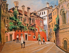 Venezia, coppia di grandi gouaches su carta della metà del XX secolo, Le piazze