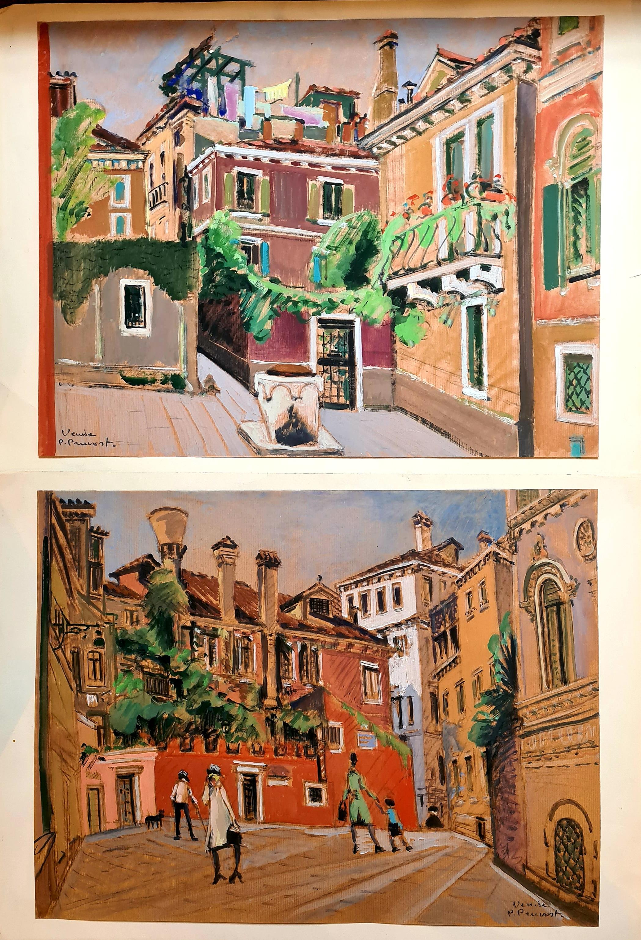 Venice, Pair of Large Mid 20th Century Gouaches on Paper, The Piazzas