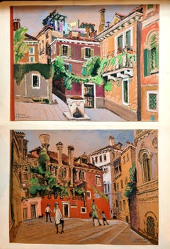 Venice, Pair of Large Mid 20th Century Gouaches on Paper, The Piazzas