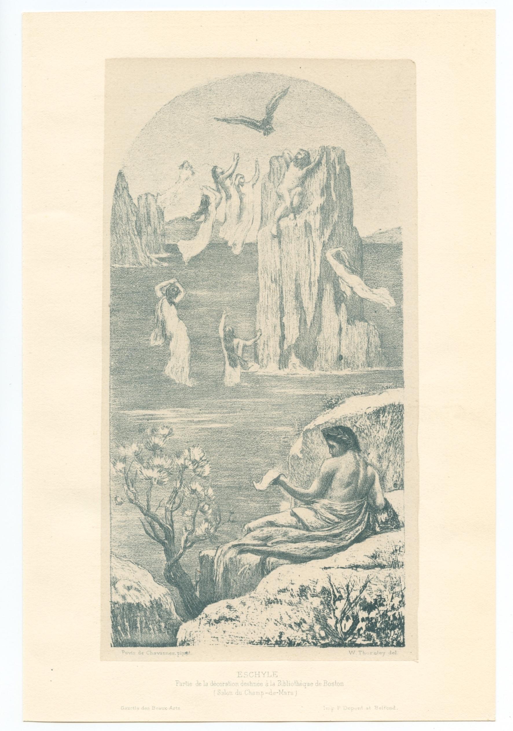 Medium: lithograph (after the painting). Executed by William Thornley after Puvis de Chavannes and published in Paris in 1896 by Gazette des Beaux-Arts. This impression is printed in a lovely blue-gray ink on chine-colle paper. Image size: 8 5/8 x 4