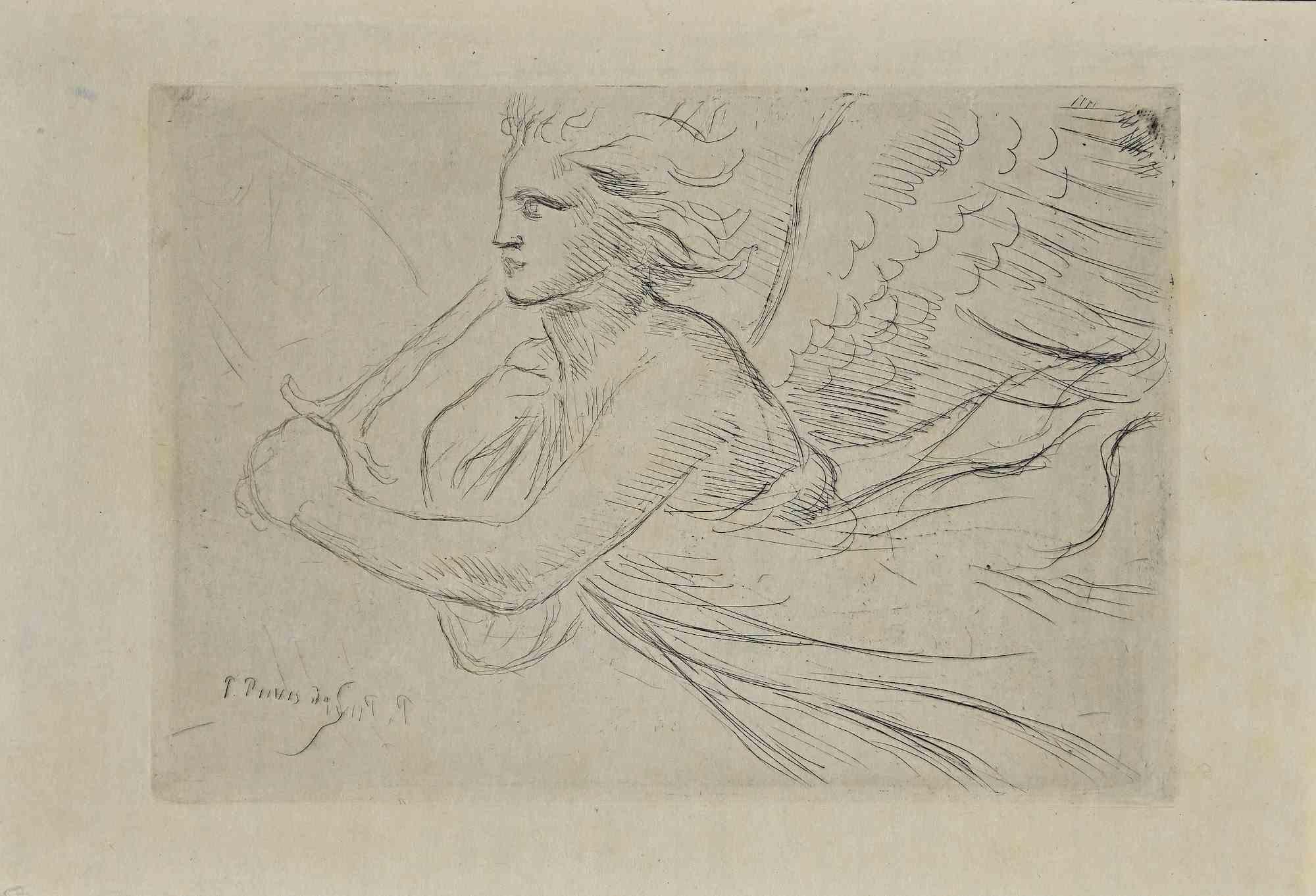 Pierre Puvis de Chavannes Figurative Print - Angel - Original Etching by P. Puvis de Chavannes - Late 19th Century