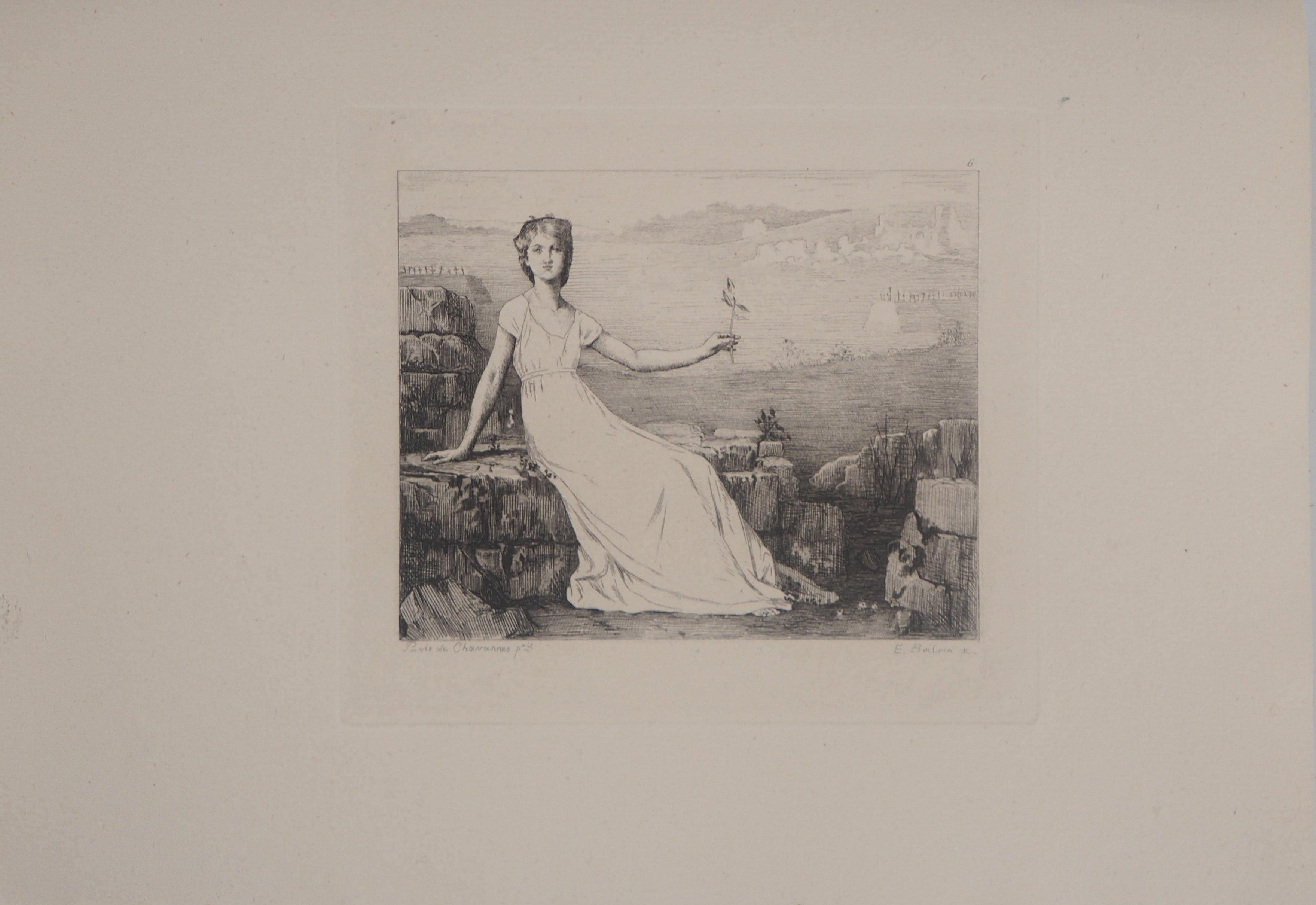 Hope - Original etching - Ed. Durand Ruel, 1873 - Impressionist Print by Pierre Puvis de Chavannes