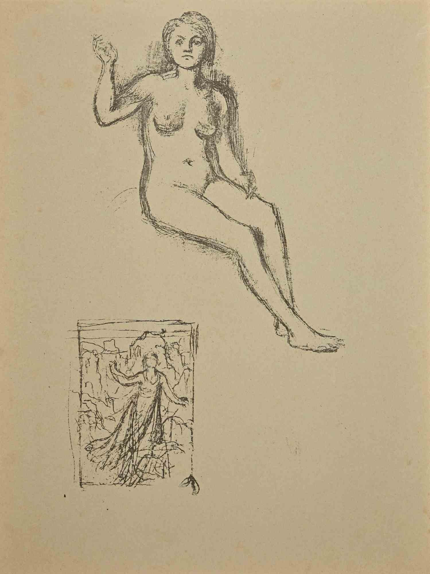 Pierre Puvis de Chavannes Figurative Print – Nude – Originallithographie von P. Puvis de Chavannes – Ende des 19. Jahrhunderts