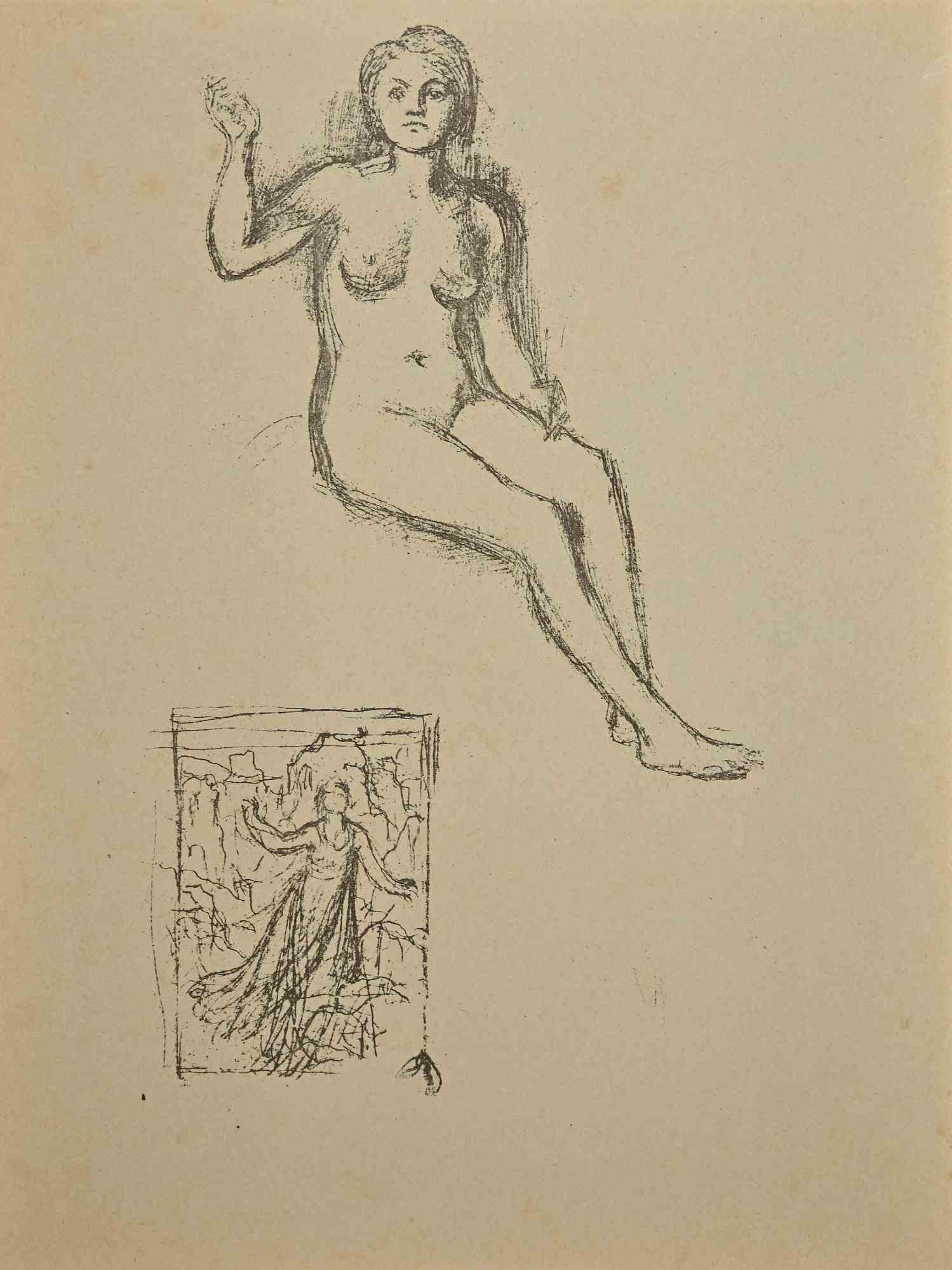 Nude - Original Lithograph by P. Puvis de Chavannes - Late 19th Century