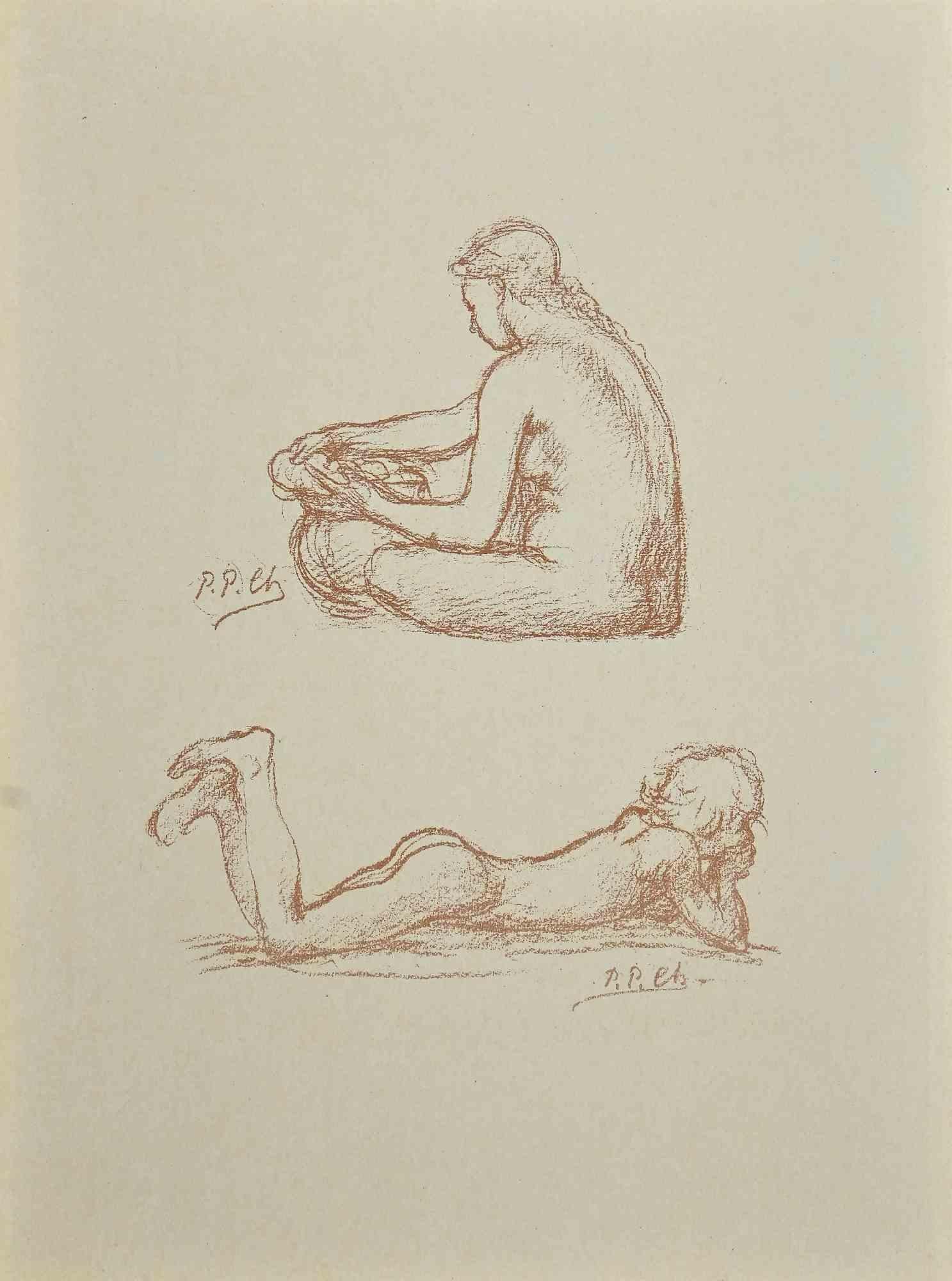 Pierre Puvis de Chavannes Figurative Print – Aktdarstellungen – Originallithographie von P. Puvis de Chavannes – spätes 19. Jahrhundert