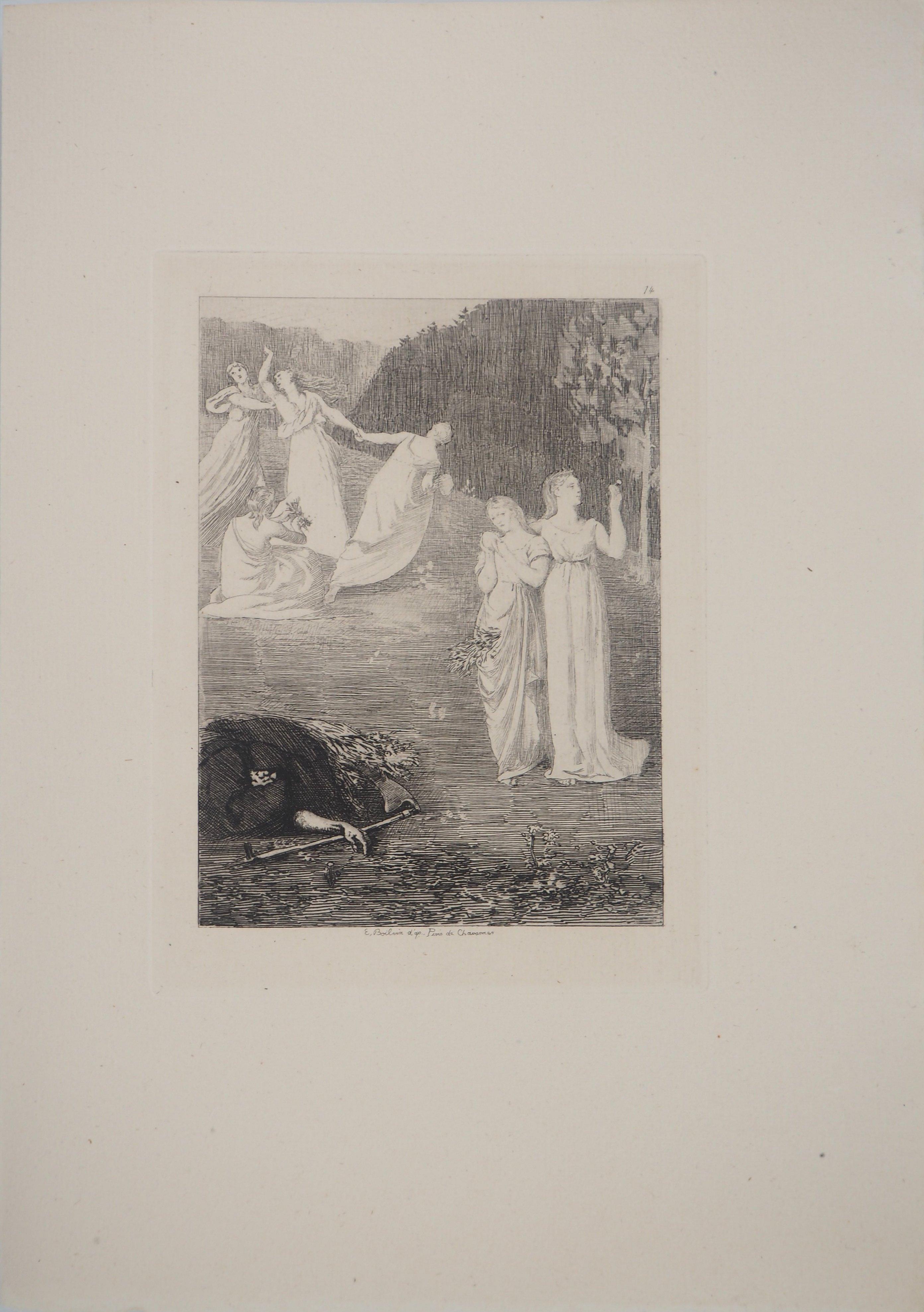 The Reaper : Life and Death - Original etching - Ed. Durand Ruel, 1873 - Impressionist Print by Pierre Puvis de Chavannes