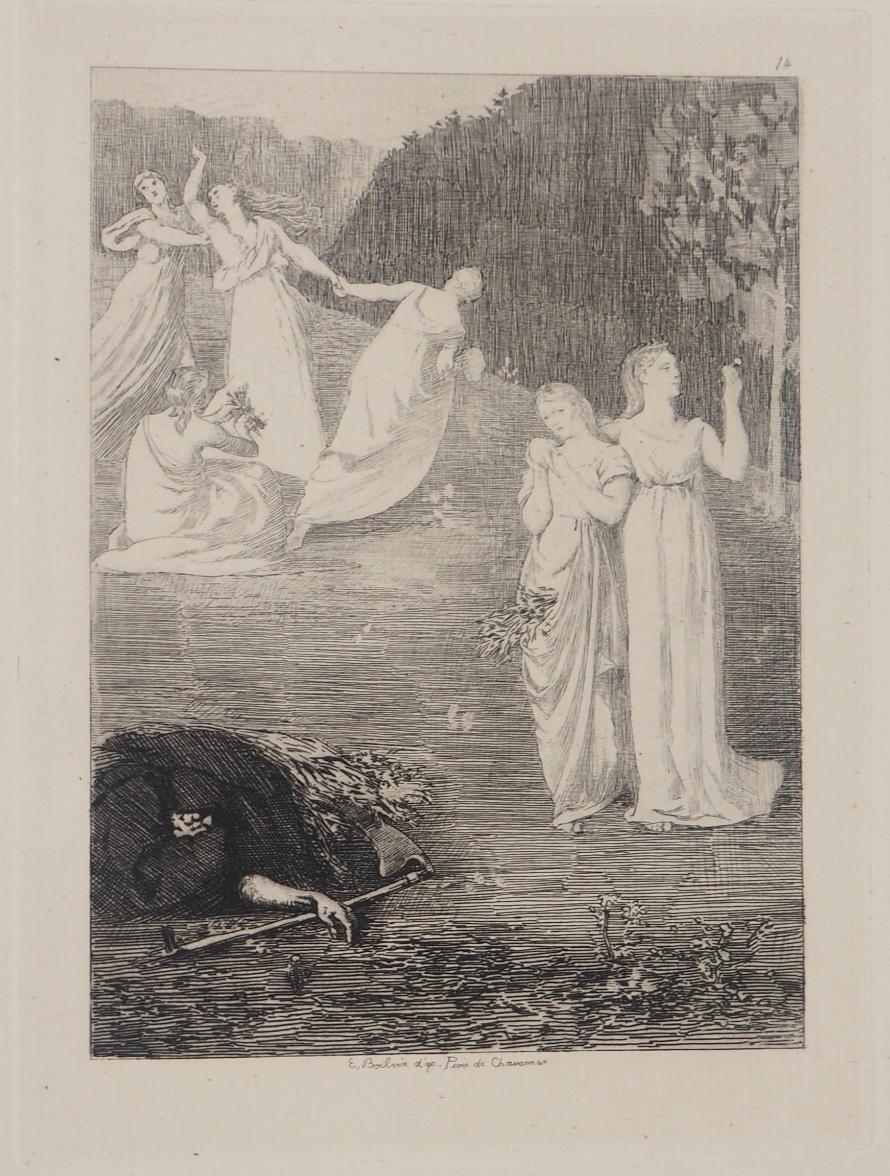 Pierre Puvis de Chavannes Landscape Print - The Reaper : Life and Death - Original etching - Ed. Durand Ruel, 1873