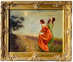 19th century French Symbolist painting - Admiring the crescent moon - Spiritual