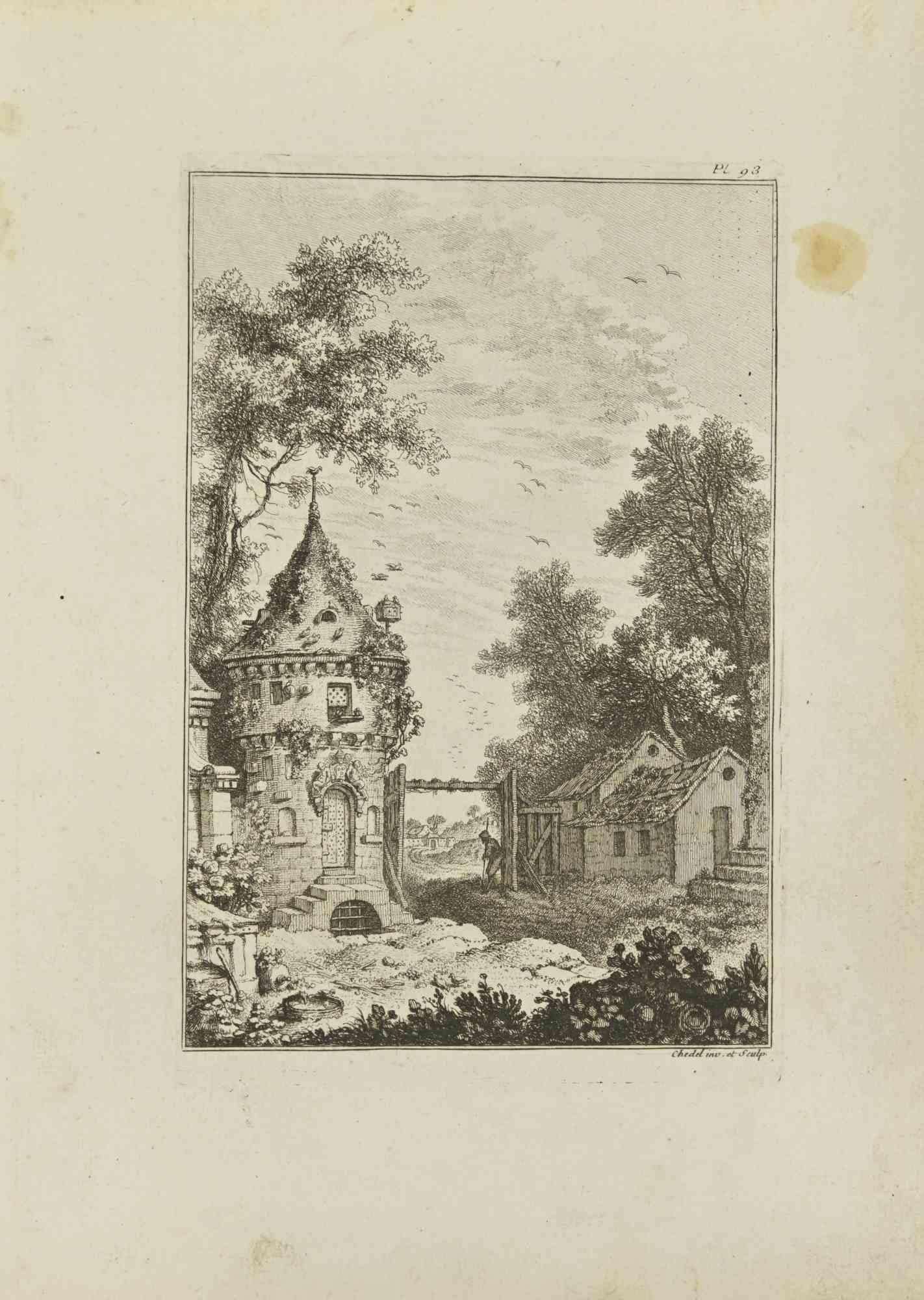 Landscape is an etching realized by Pierre Quentin Chedel in 1755.

Good conditions.

Signed on Plate.

The artwork is depicted through confident strokes.

The etching was realized for the anatomy study “JOMBERT, Charles-Antoine (1712-1784) -