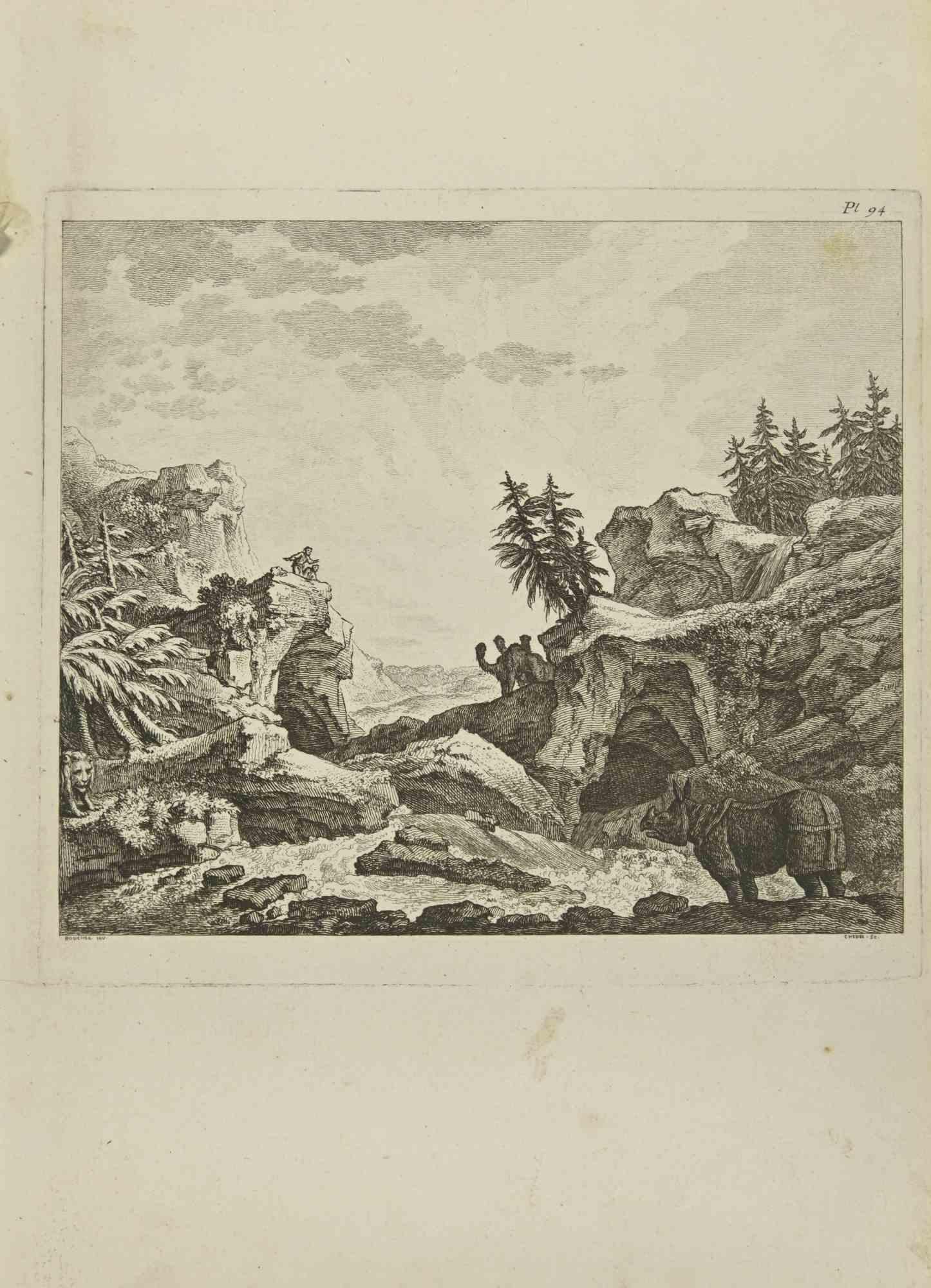 Landscape is an etching realized by Pierre Quentin Chedel in 1755.

Good conditions.

Signed on Plate.

The artwork is depicted through confident strokes.

The etching was realized for the anatomy study “JOMBERT, Charles-Antoine (1712-1784) -