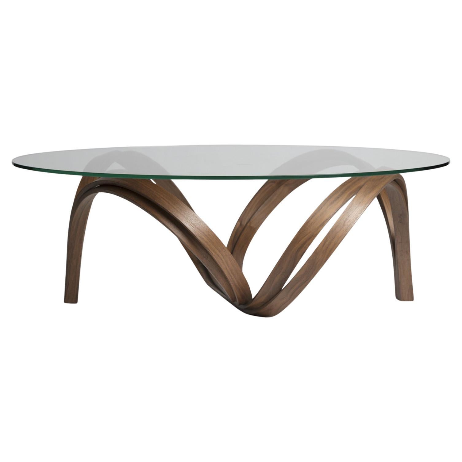 Pierre Renart American walnut Eclosion coffee table with glass tabletop